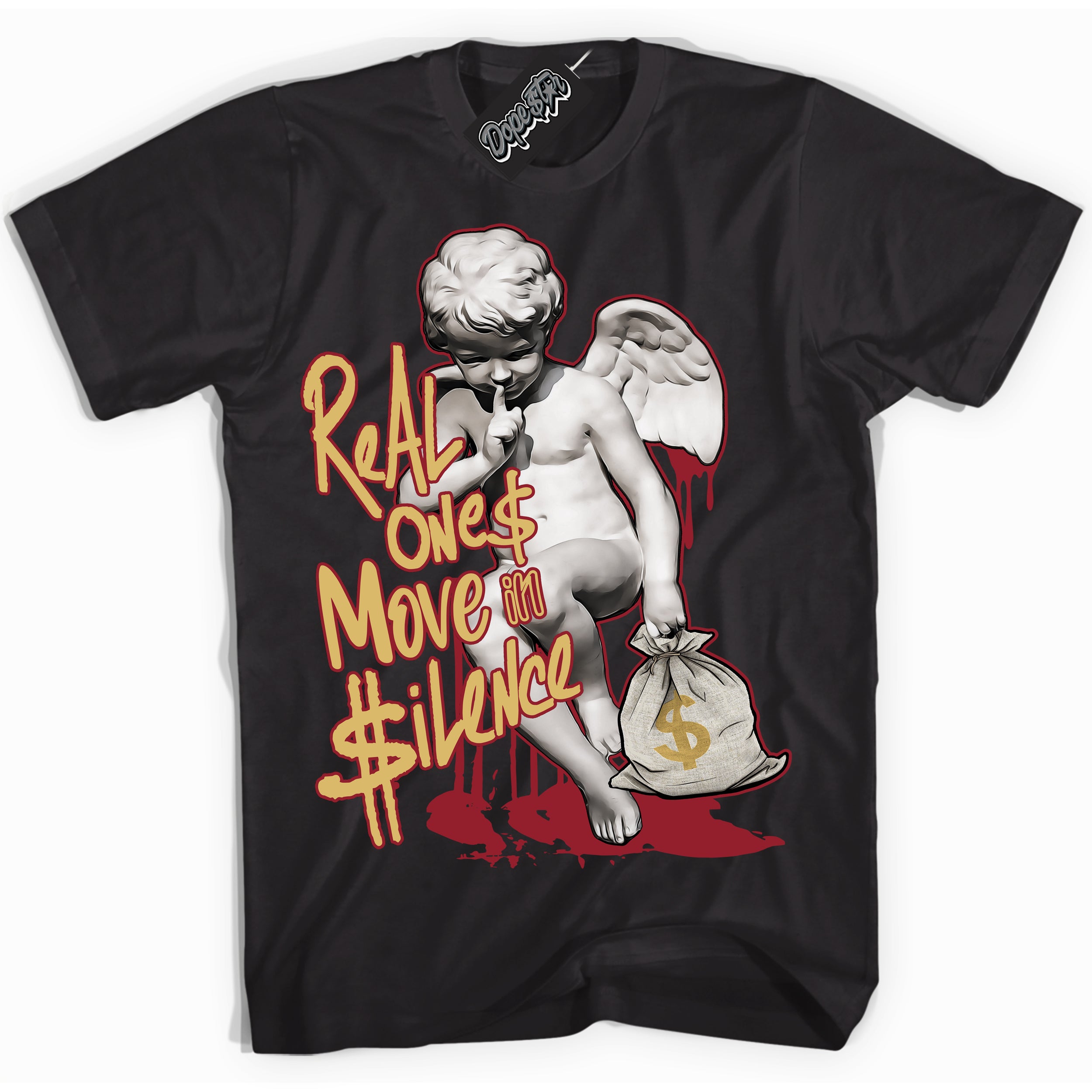 Cool Black Shirt with “ Real Ones Cherub ” design that perfectly matches Method of Make Gym Red Metallic Gold 1s Jordans.
