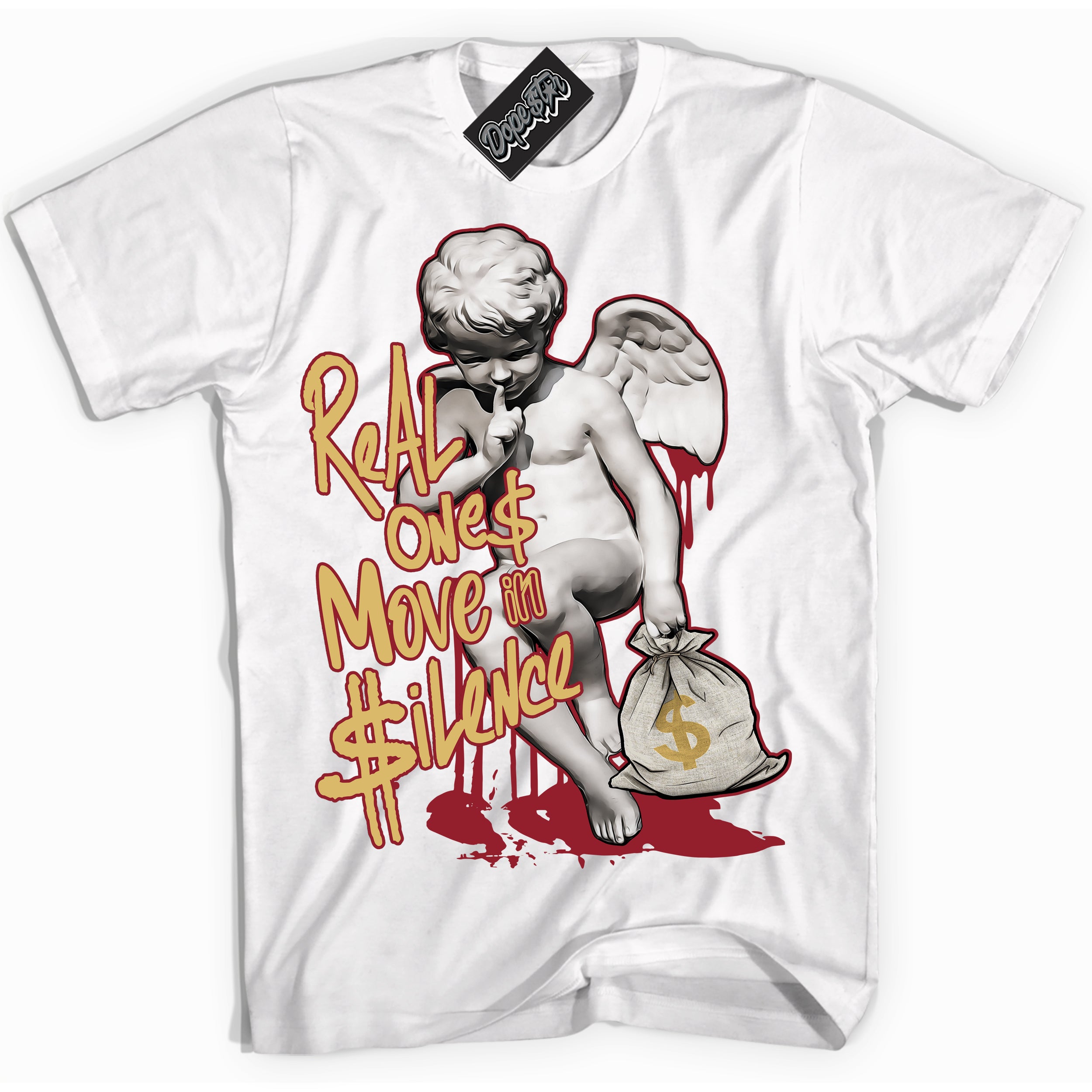 Cool White Shirt with “ Real Ones Cherub ” design that perfectly matches Method of Make Gym Red Metallic Gold 1s Jordans.
