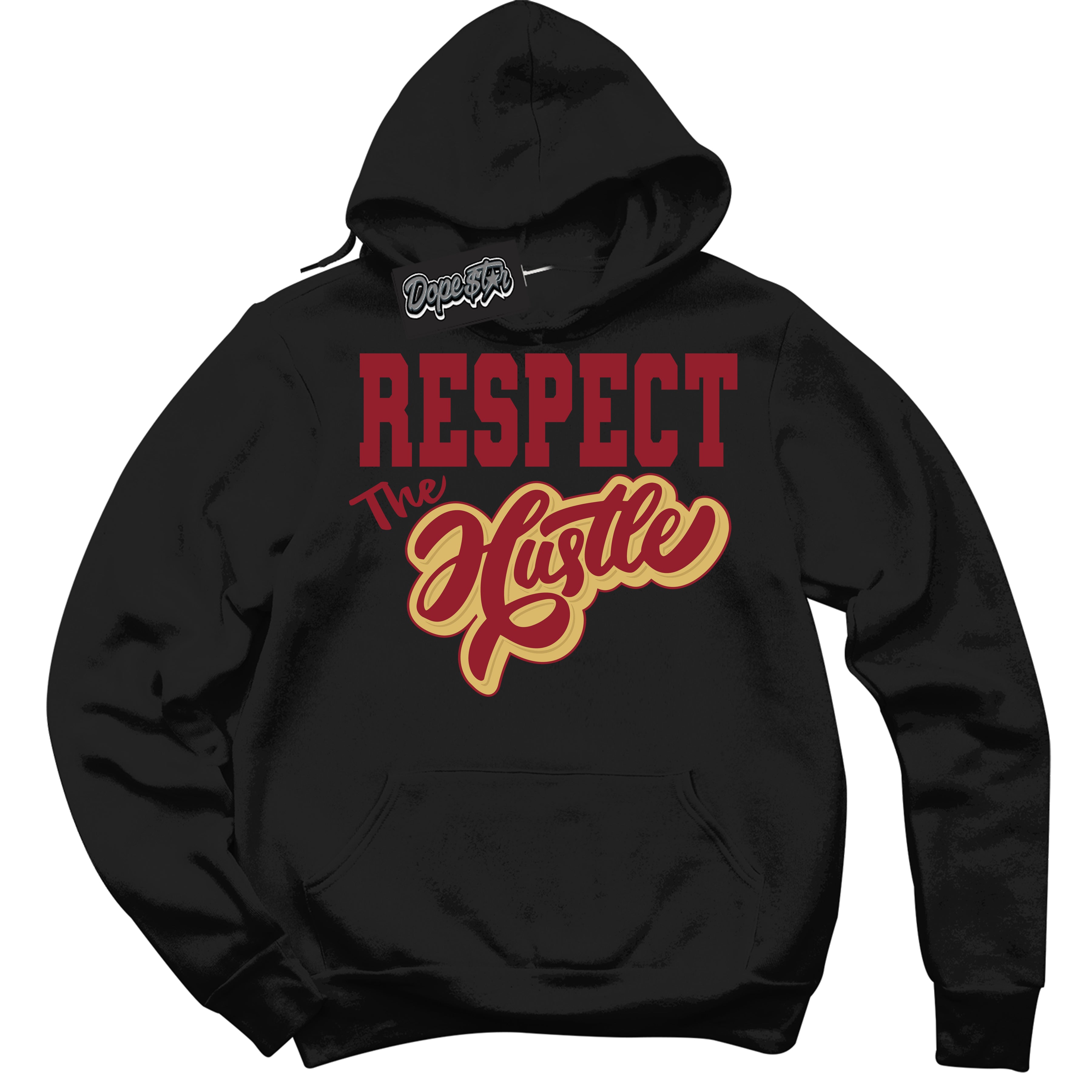 Cool Black Hoodie with “ Respect The Hustle ”  design that Perfectly Matches Method of Make Gym Red Metallic Gold 1s Jordans.
