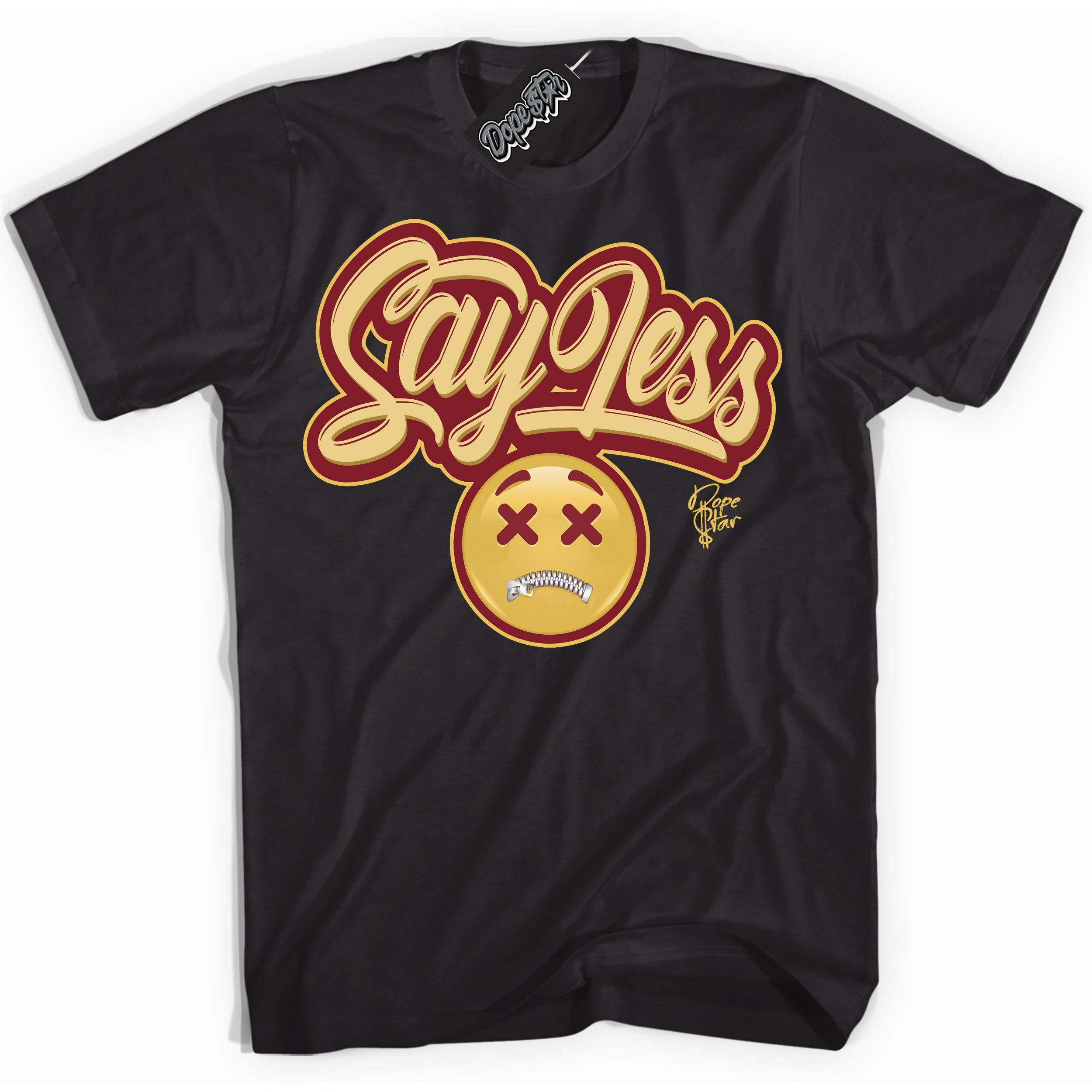 Cool Black Shirt with “ Say Less ” design that perfectly matches Method of Make Gym Red Metallic Gold 1s Jordans.
