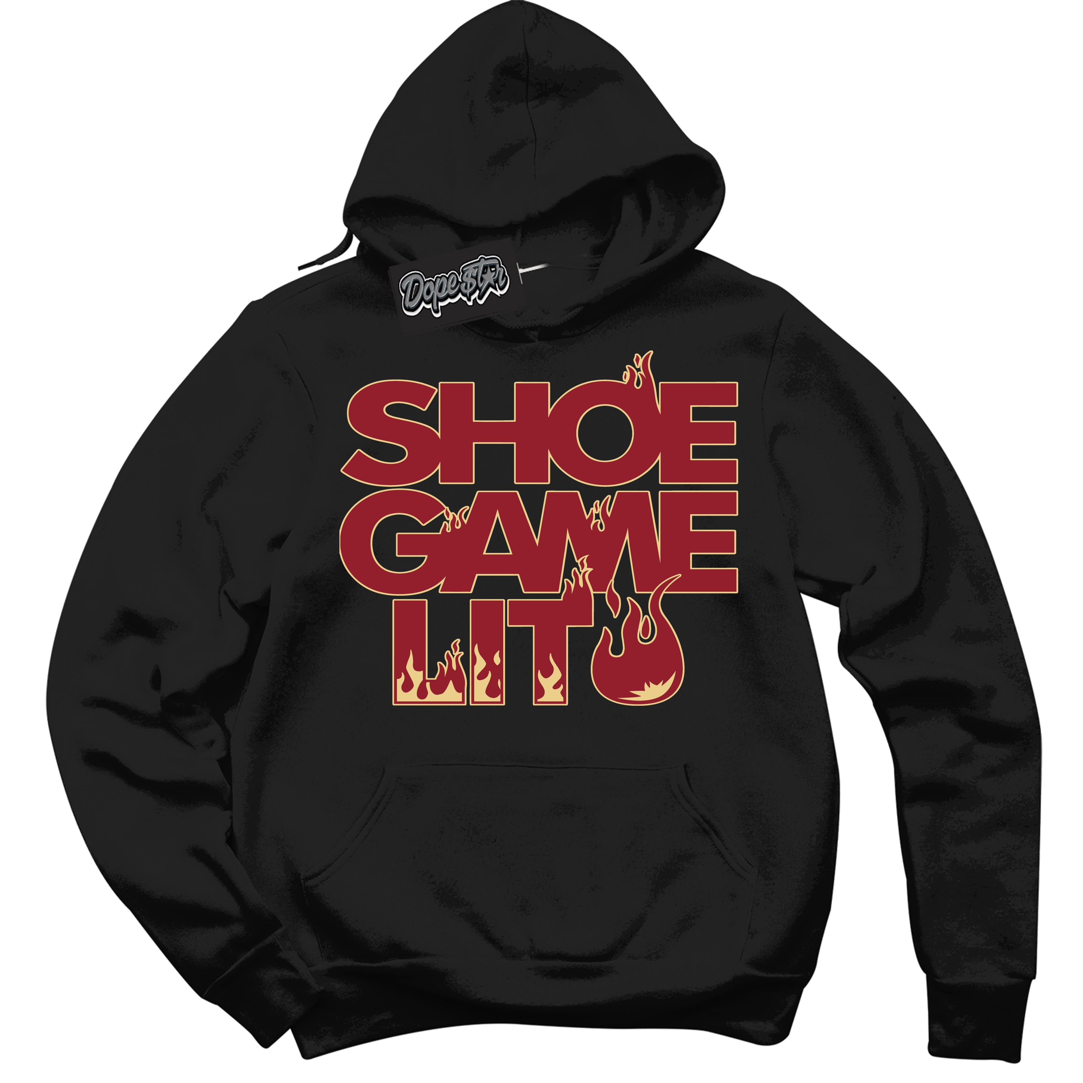 Cool Black Hoodie with “ Shoe Game Lit ”  design that Perfectly Matches Method of Make Gym Red Metallic Gold 1s Jordans.
