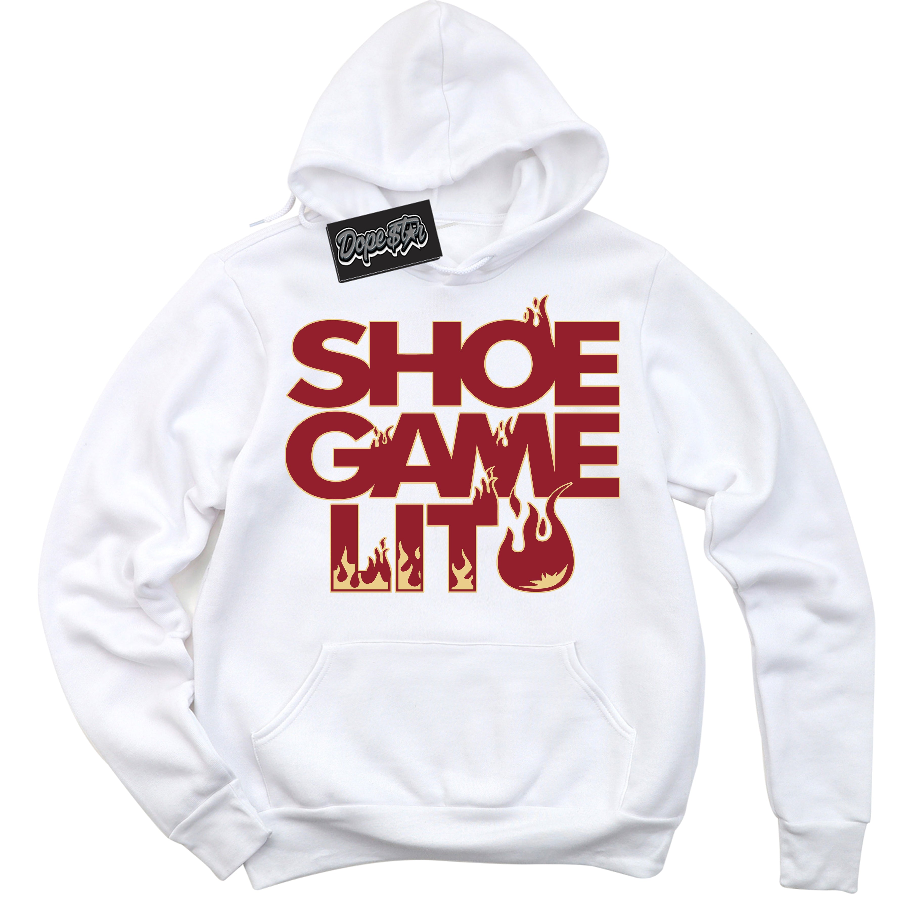 Cool White Hoodie with “ Shoe Game Lit ”  design that Perfectly Matches Method of Make Gym Red Metallic Gold 1s Jordans.
