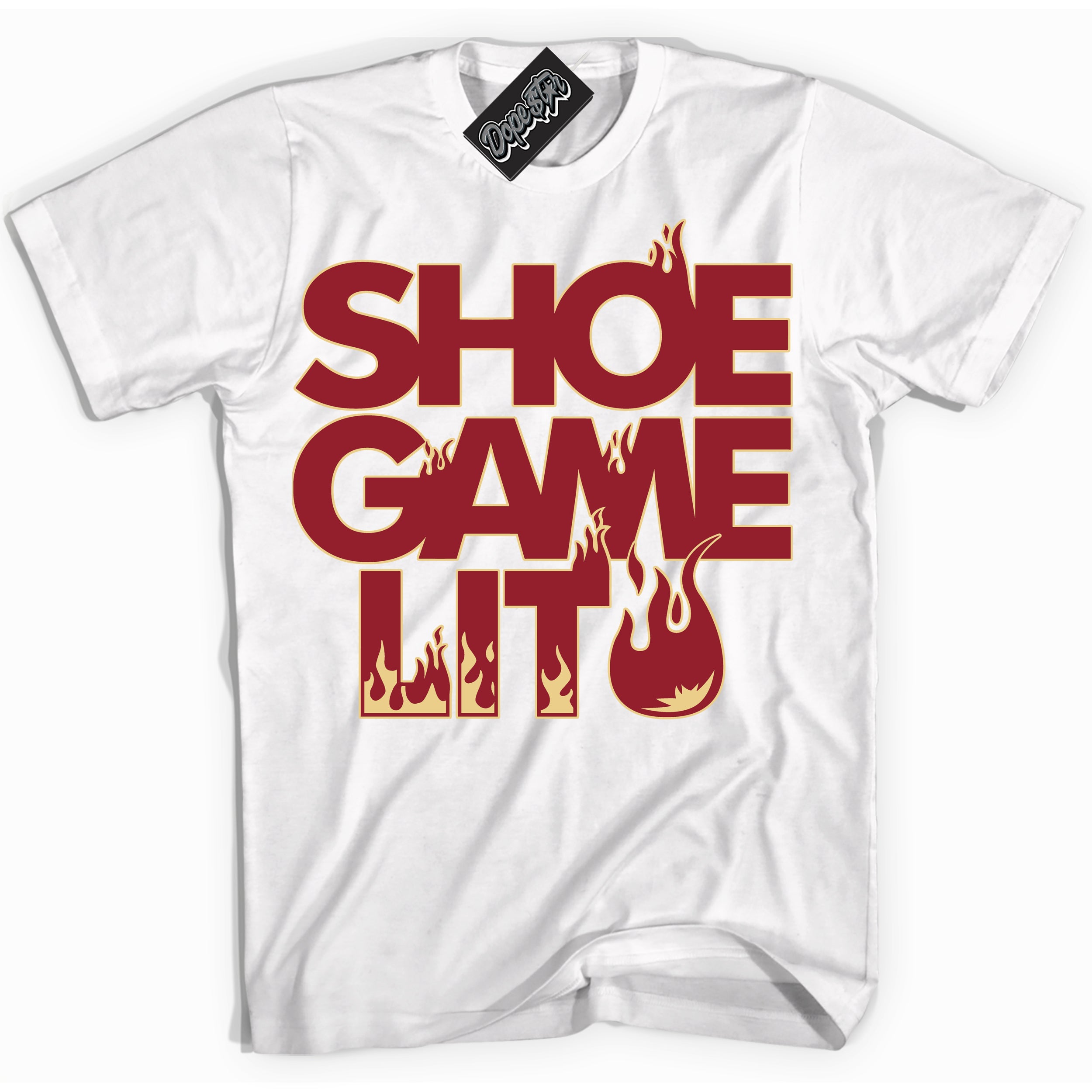 Cool White Shirt with “ Shoe Game Lit ” design that perfectly matches Method of Make Gym Red Metallic Gold 1s Jordans.
