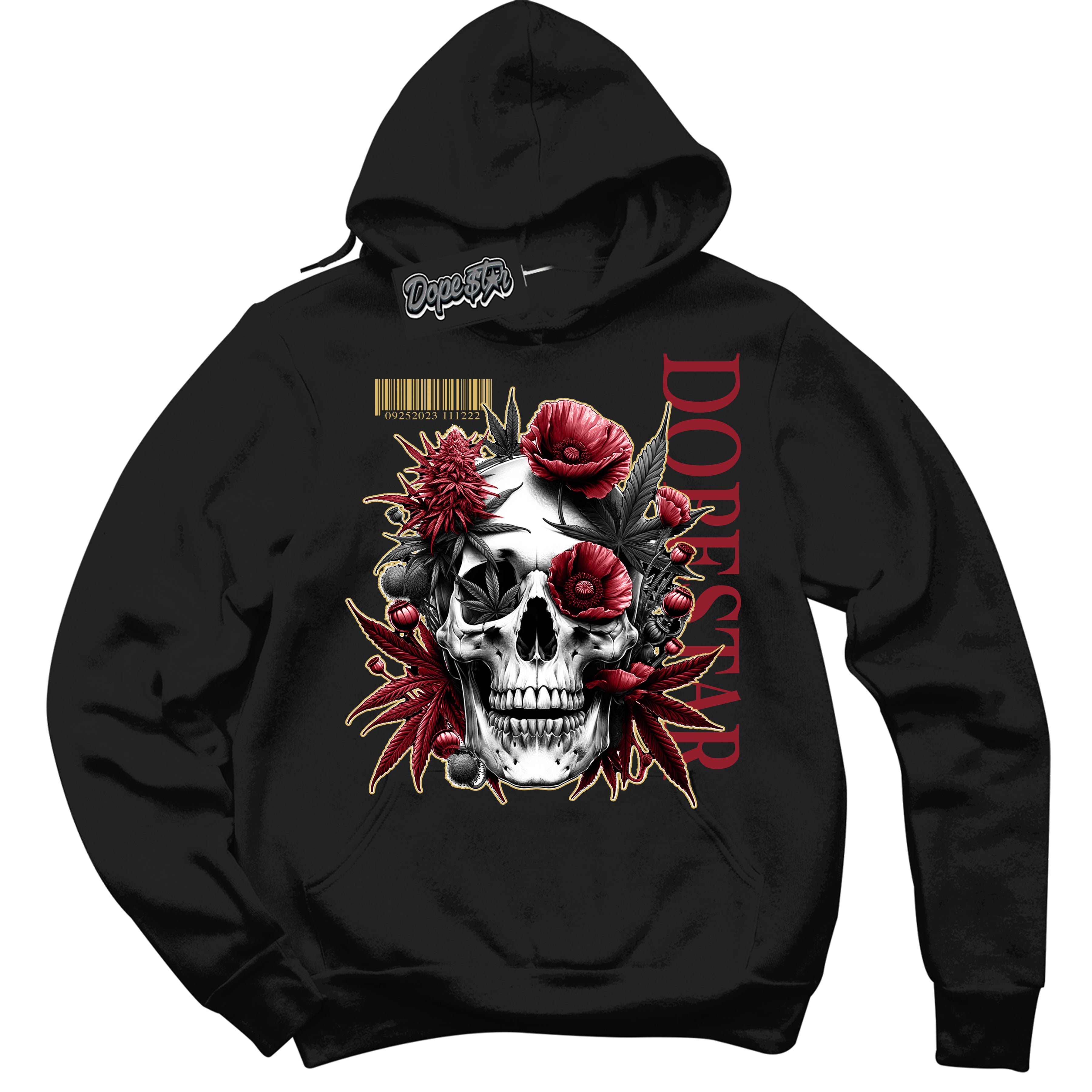 Cool Black Hoodie with “ Skull Poppies ”  design that Perfectly Matches Method of Make Gym Red Metallic Gold 1s Jordans.
