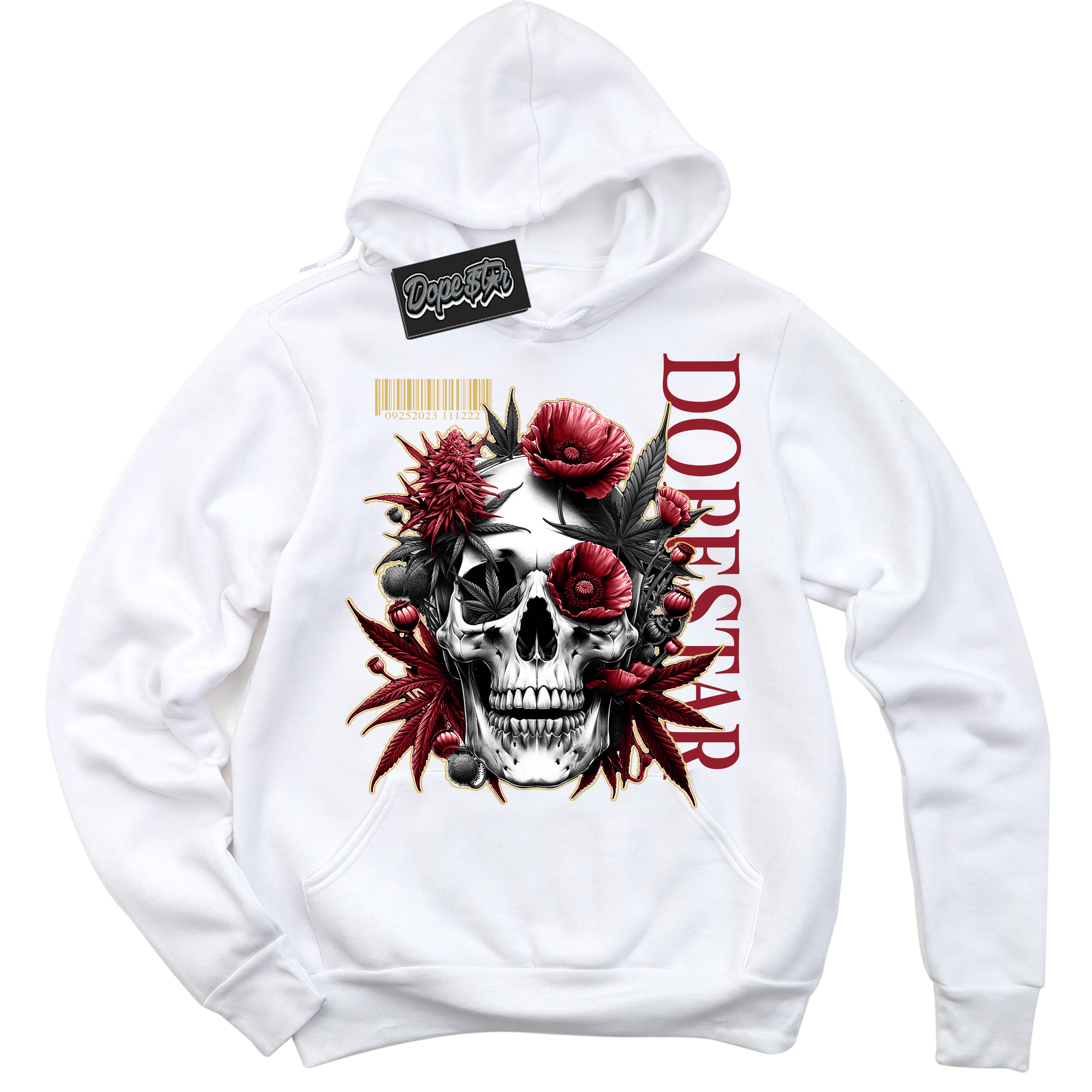 Cool White Hoodie with “ Skull Poppies ”  design that Perfectly Matches Method of Make Gym Red Metallic Gold 1s Jordans.
