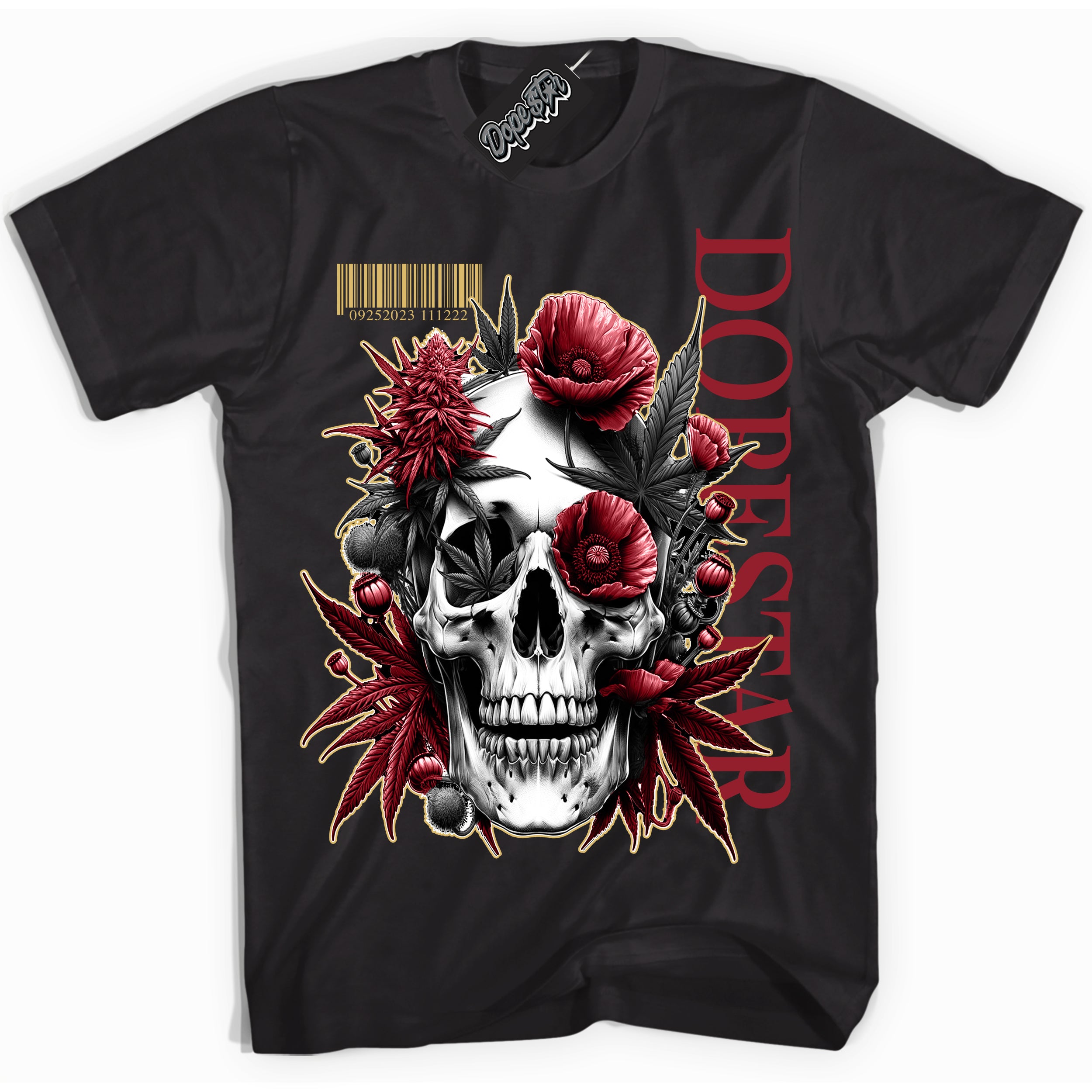 Cool Black Shirt with “ Skull Poppies ” design that perfectly matches Method of Make Gym Red Metallic Gold 1s Jordans.
