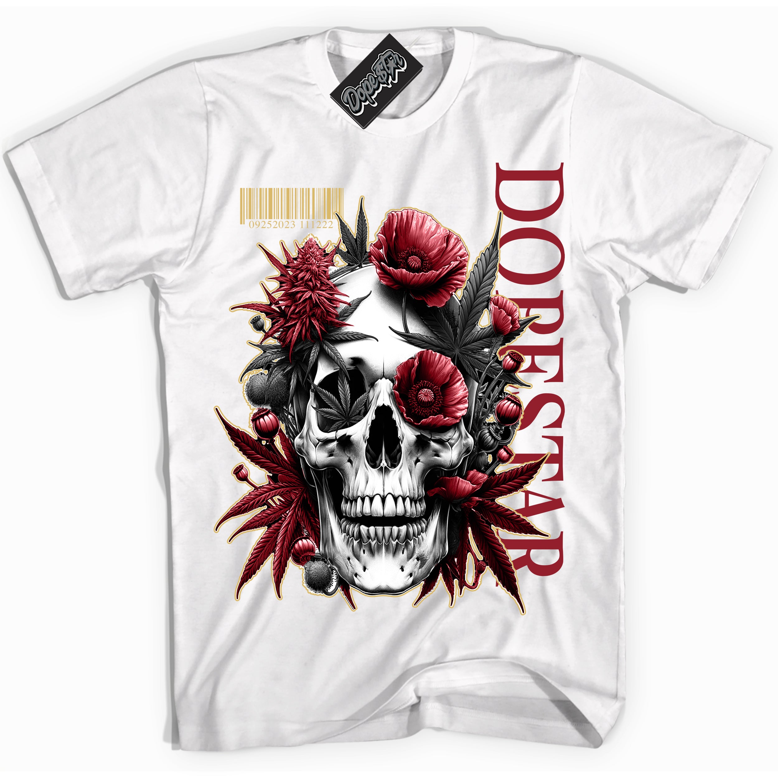 Cool White Shirt with “ Skull Poppies ” design that perfectly matches Method of Make Gym Red Metallic Gold 1s Jordans.
