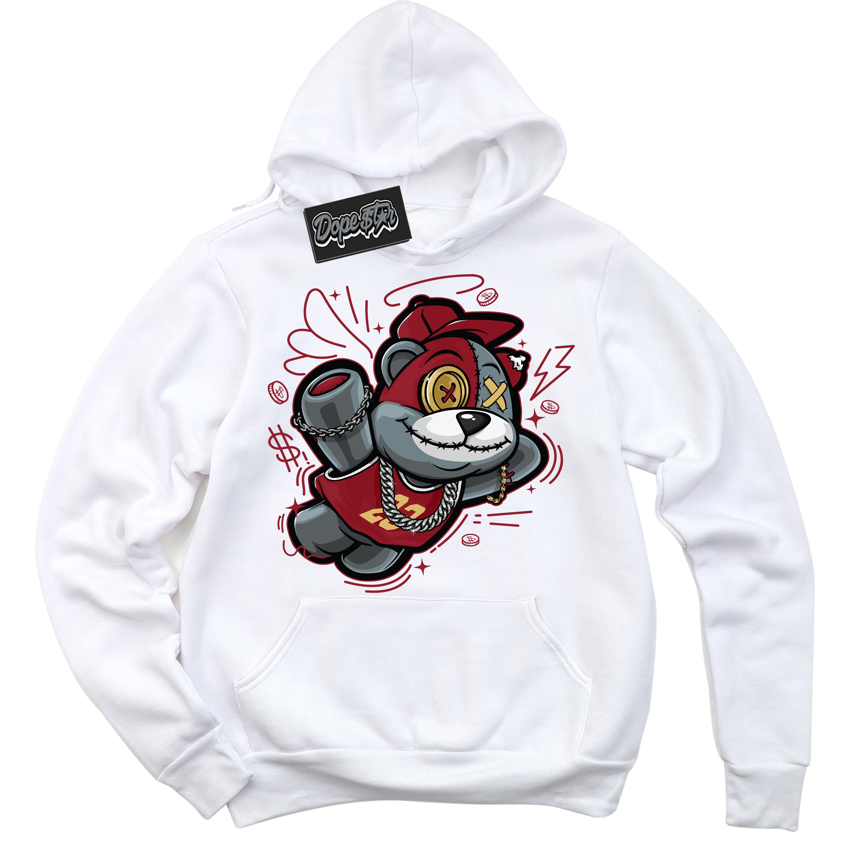 Cool White Hoodie with “ Slam Dunk Bear ”  design that Perfectly Matches Method of Make Gym Red Metallic Gold 1s Jordans.
