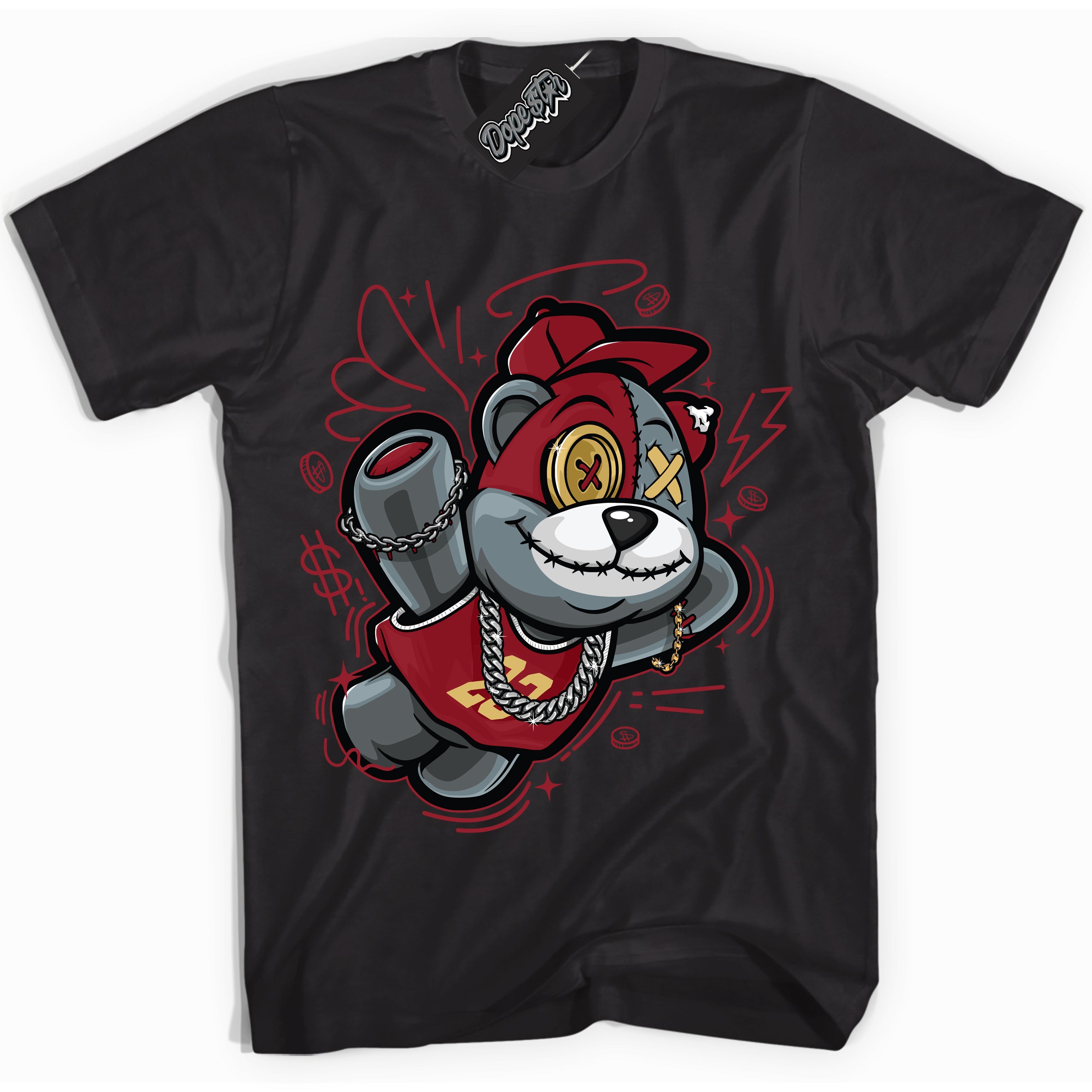 Cool Black Shirt with “ Slam Dunk Bear ” design that perfectly matches Method of Make Gym Red Metallic Gold 1s Jordans.
