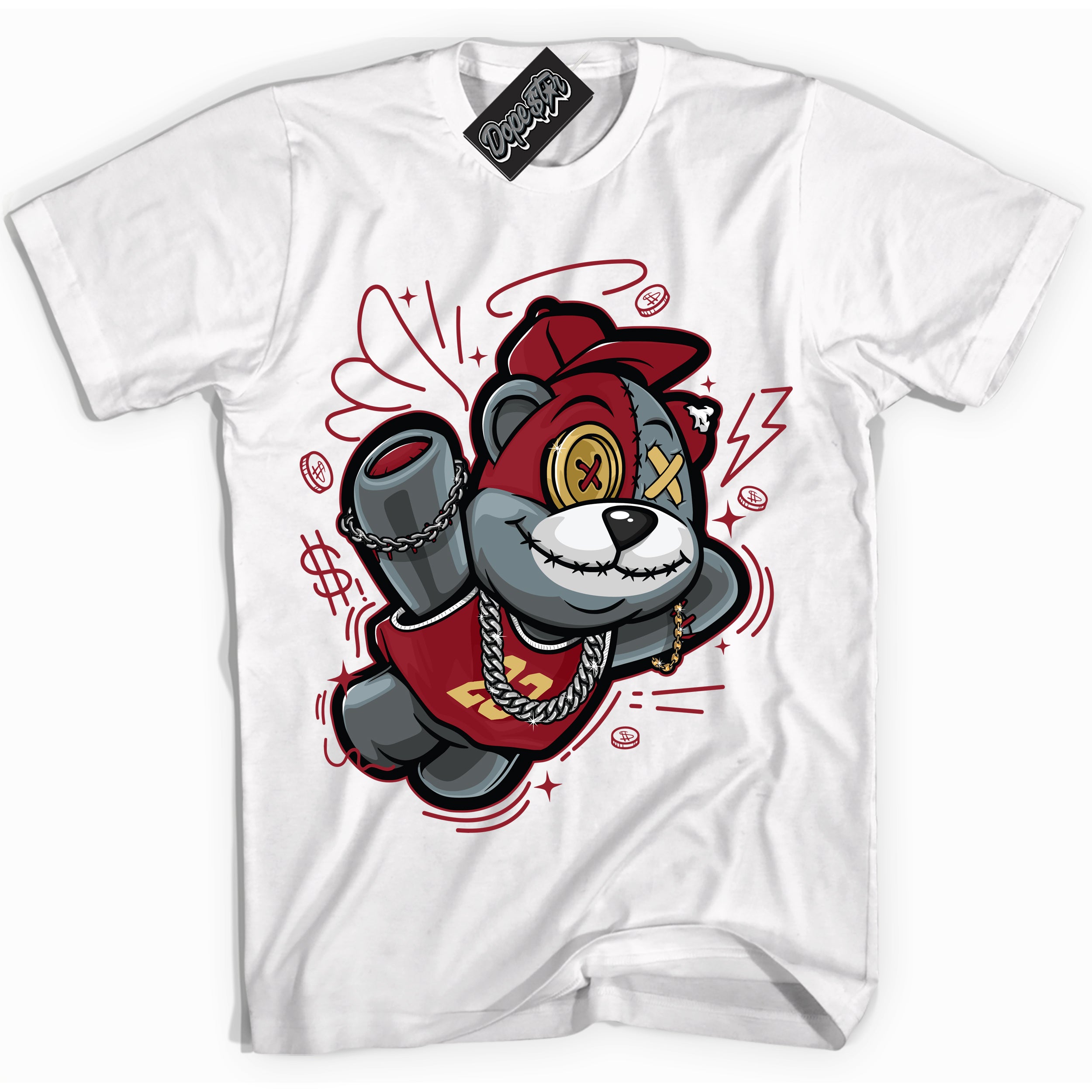 Cool White Shirt with “ Slam Dunk Bear ” design that perfectly matches Method of Make Gym Red Metallic Gold 1s Jordans.
