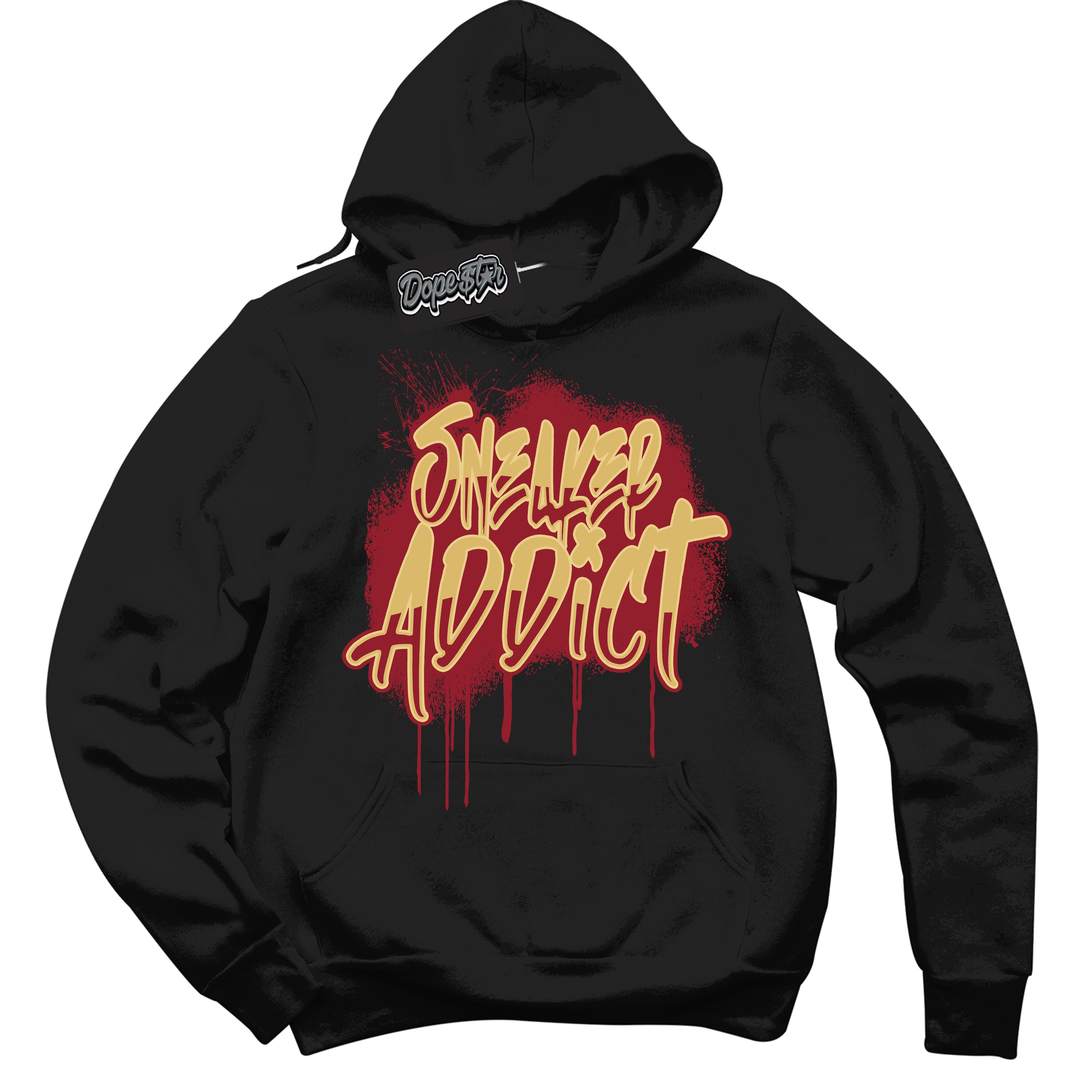 Cool Black Hoodie with “ Sneaker Addict ”  design that Perfectly Matches Method of Make Gym Red Metallic Gold 1s Jordans.
