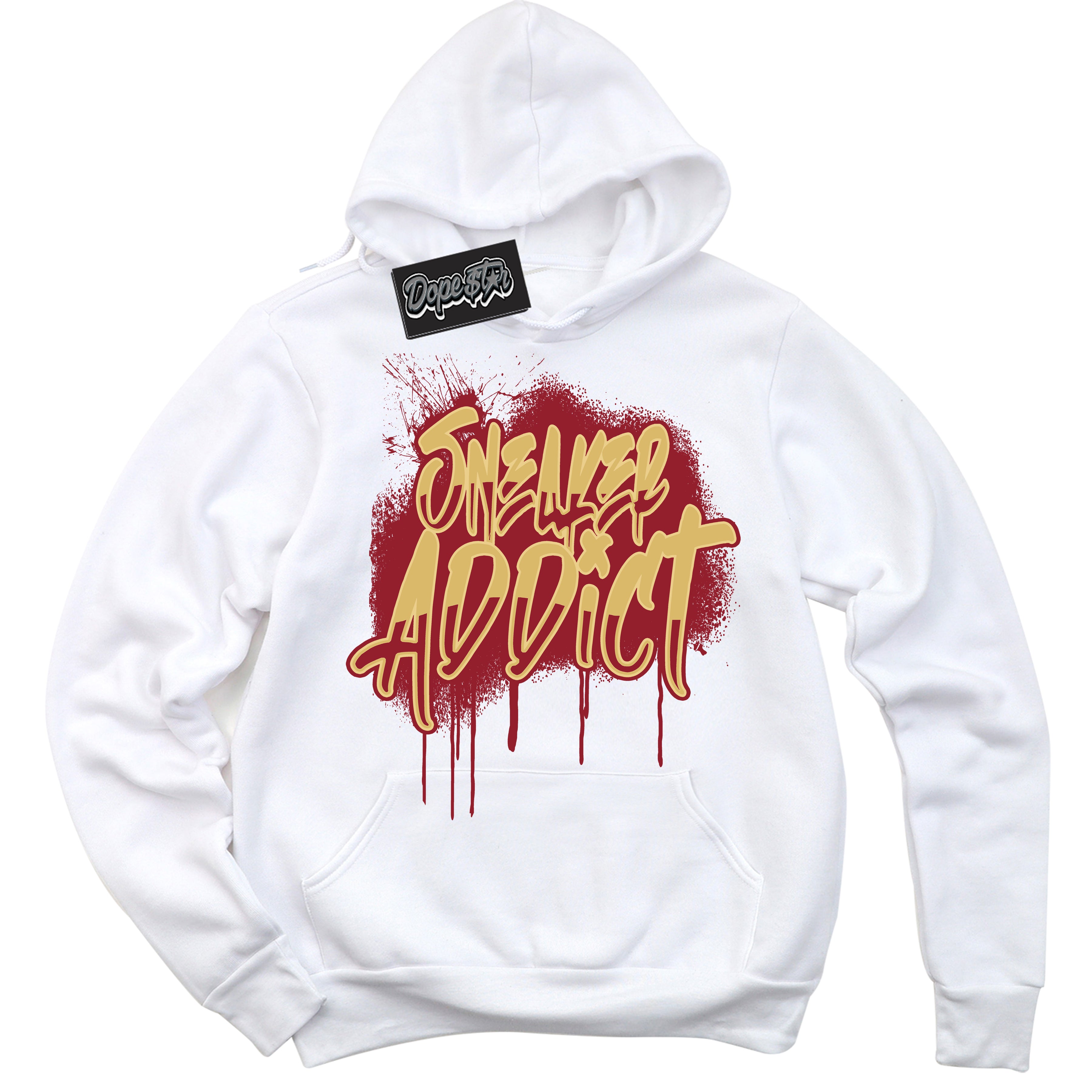 Cool White Hoodie with “ Sneaker Addict ”  design that Perfectly Matches Method of Make Gym Red Metallic Gold 1s Jordans.
