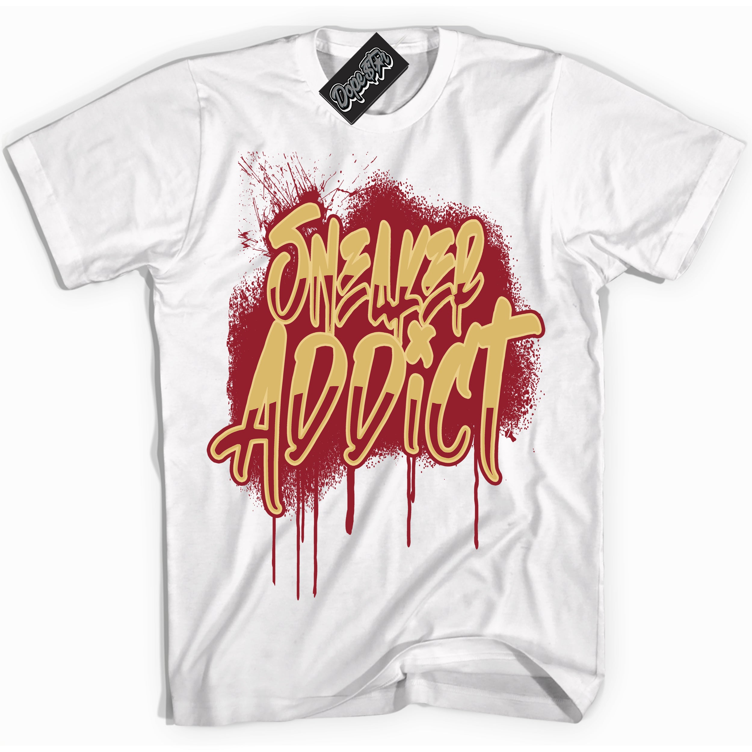 Cool White Shirt with “ Sneaker Addict ” design that perfectly matches Method of Make Gym Red Metallic Gold 1s Jordans.
