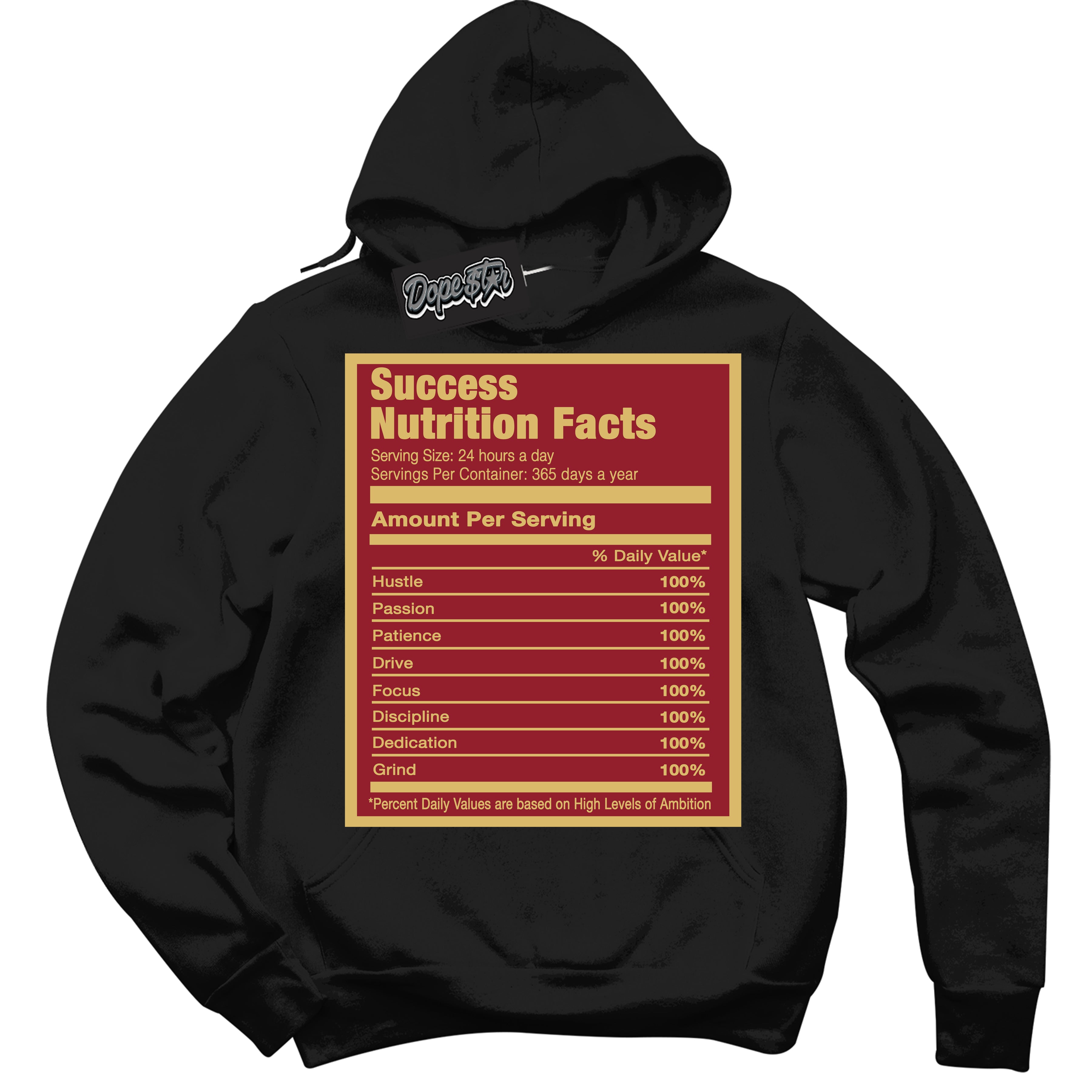 Cool Black Hoodie with “ Success Nutrition ”  design that Perfectly Matches Method of Make Gym Red Metallic Gold 1s Jordans.
