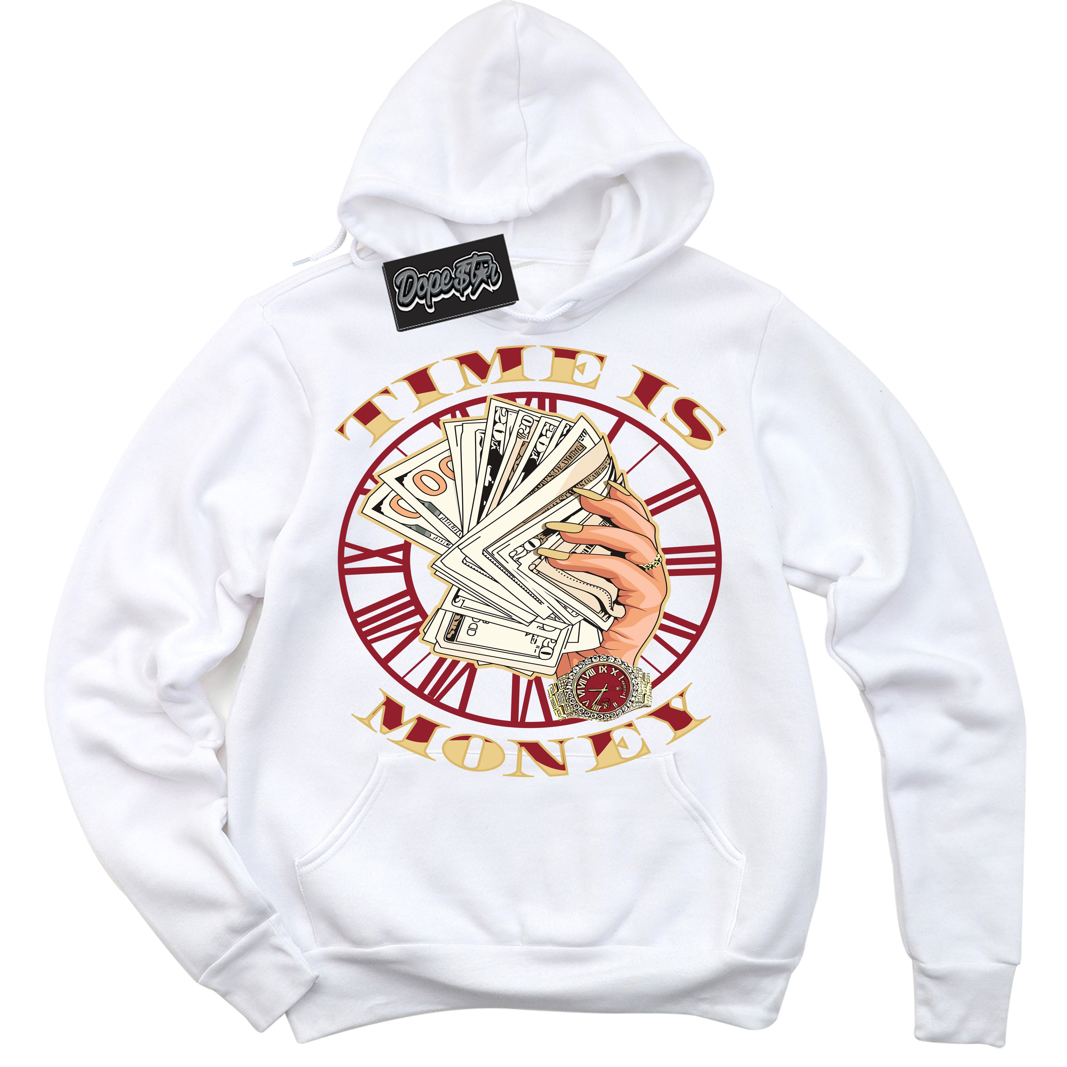 Cool White Hoodie with “ Time Is Money ”  design that Perfectly Matches Method of Make Gym Red Metallic Gold 1s Jordans.
