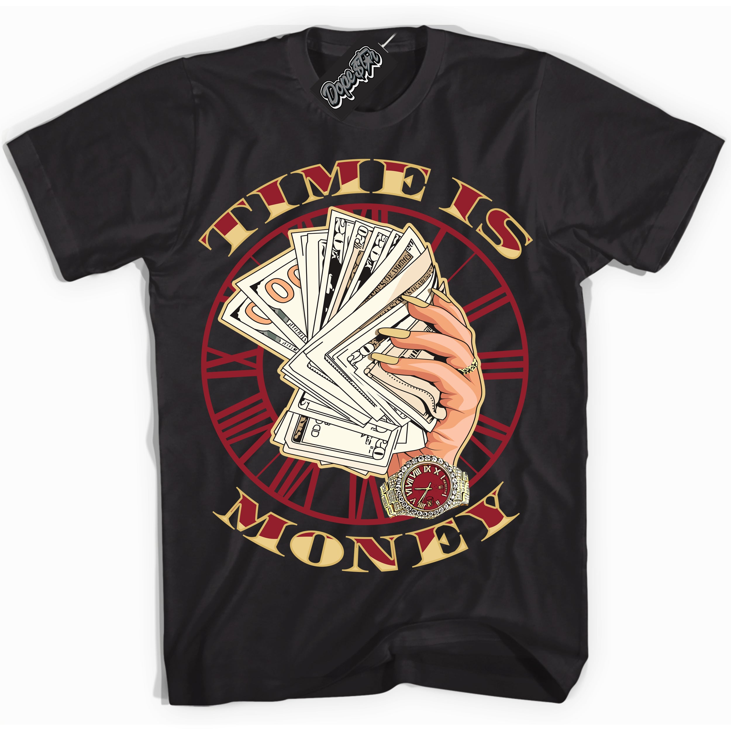 Cool Black Shirt with “ Time Is Money ” design that perfectly matches Method of Make Gym Red Metallic Gold 1s Jordans.
