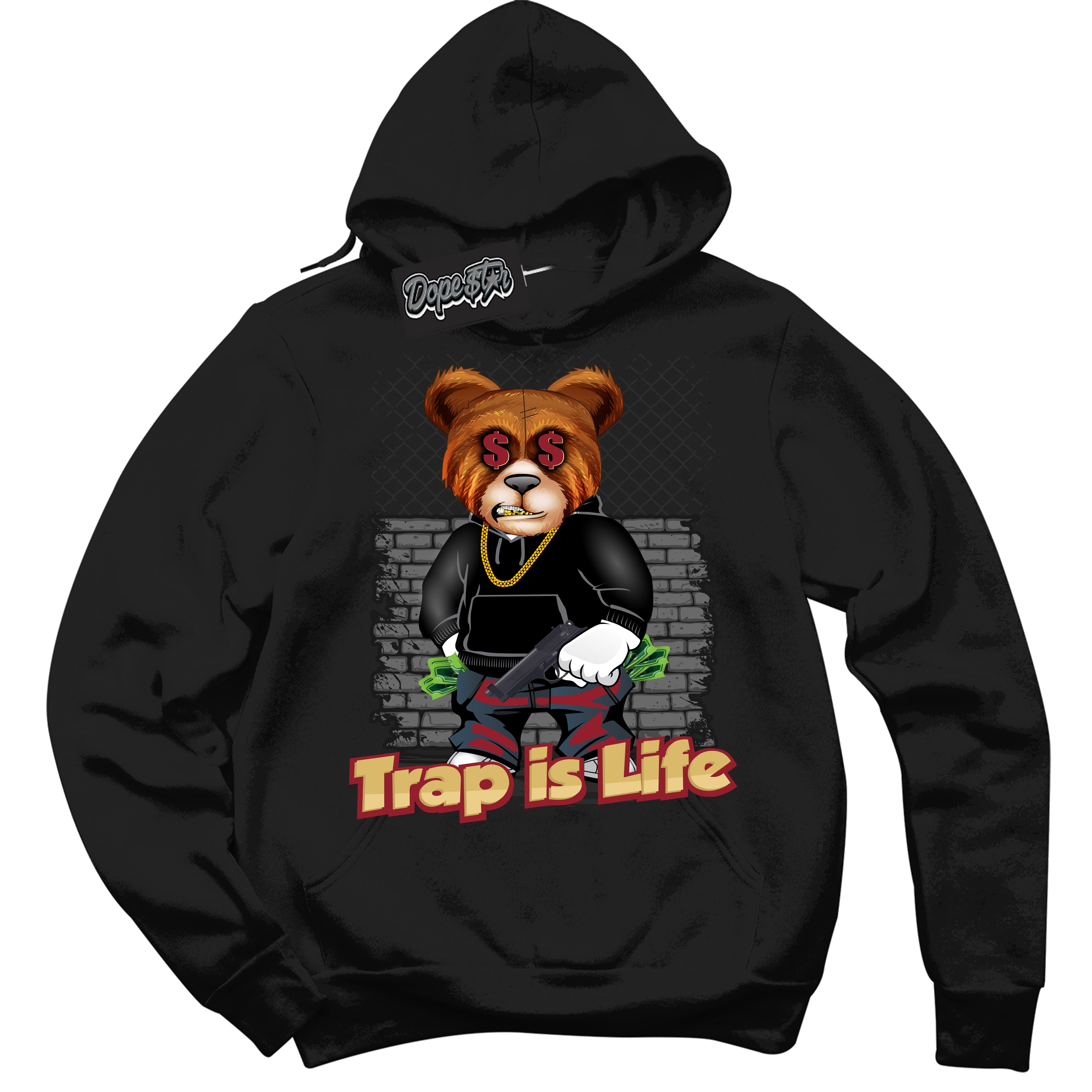 Cool Black Hoodie with “ Trap Life ”  design that Perfectly Matches Method of Make Gym Red Metallic Gold 1s Jordans.
