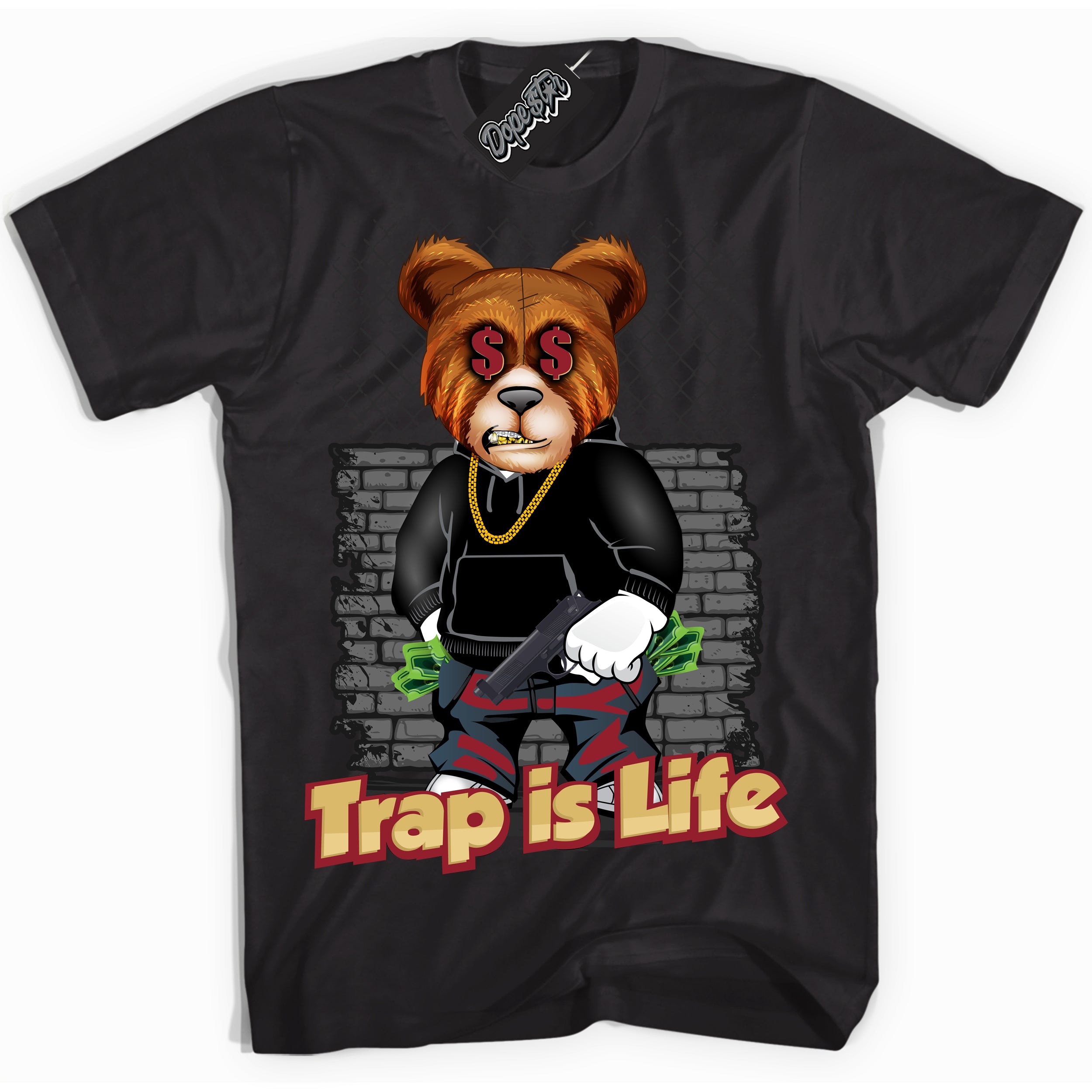 Cool Black Shirt with “ Trap Life ” design that perfectly matches Method of Make Gym Red Metallic Gold 1s Jordans.
