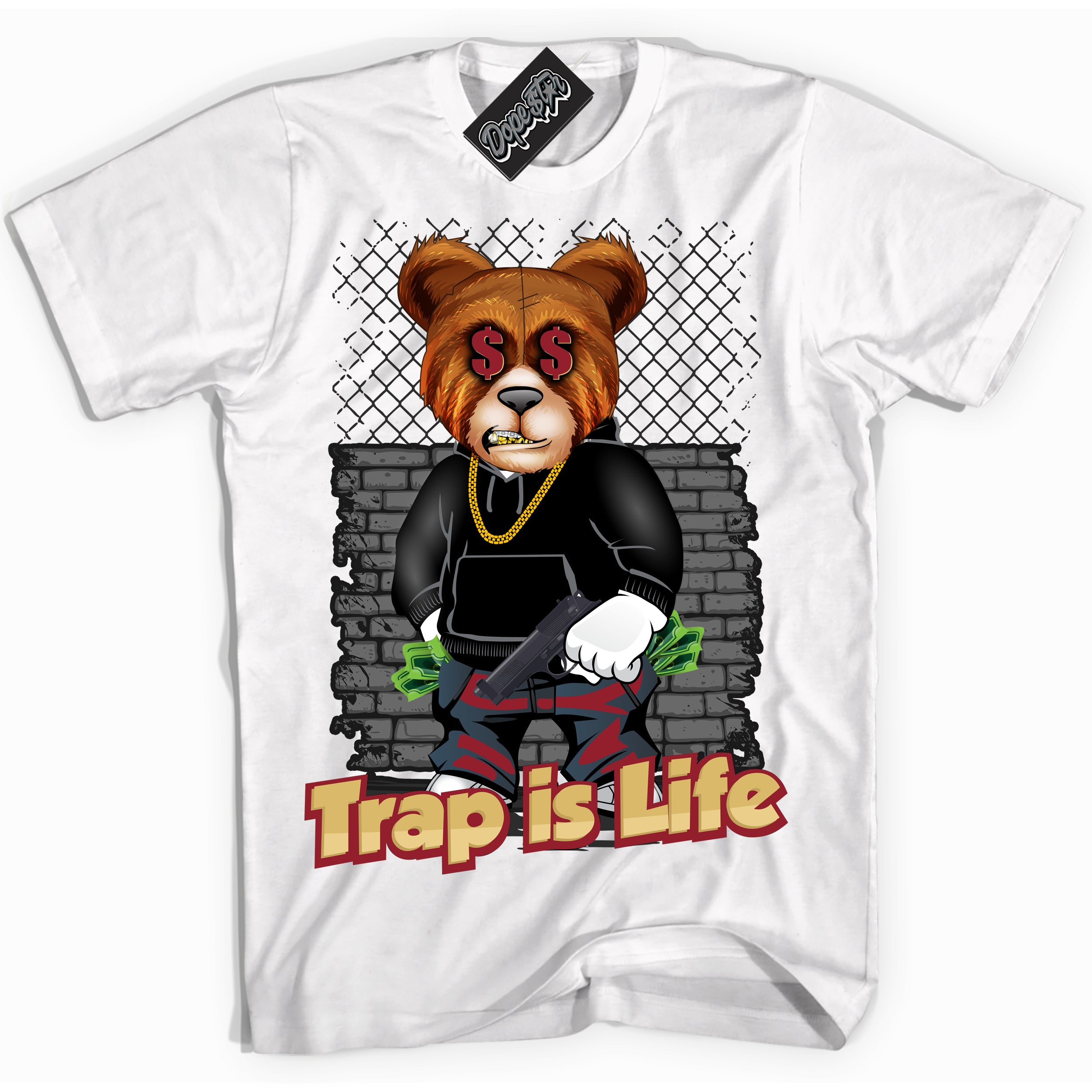 Cool White Shirt with “ Trap Life ” design that perfectly matches Method of Make Gym Red Metallic Gold 1s Jordans.
