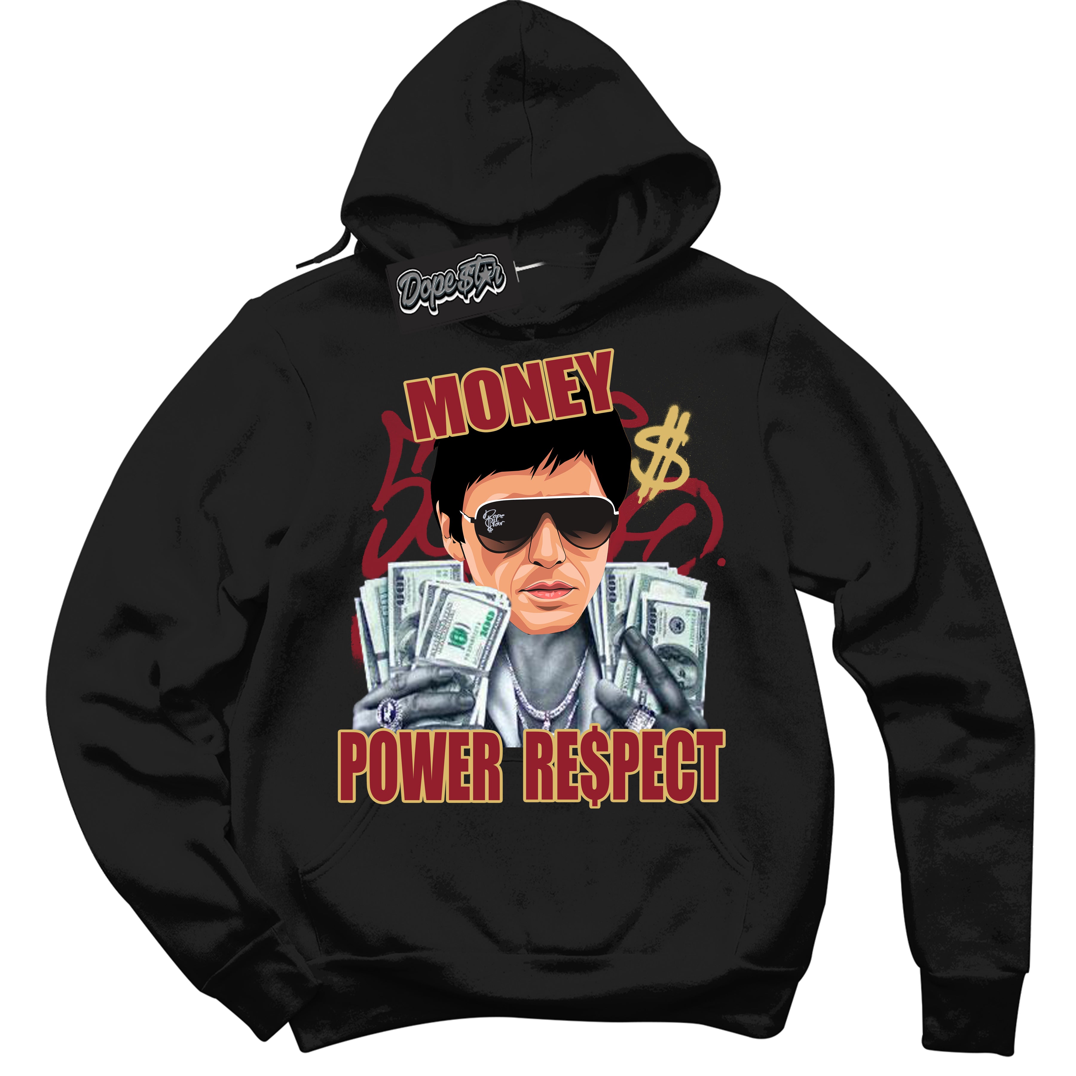 Cool Black Hoodie with “ Tony Montana ”  design that Perfectly Matches Method of Make Gym Red Metallic Gold 1s Jordans.
