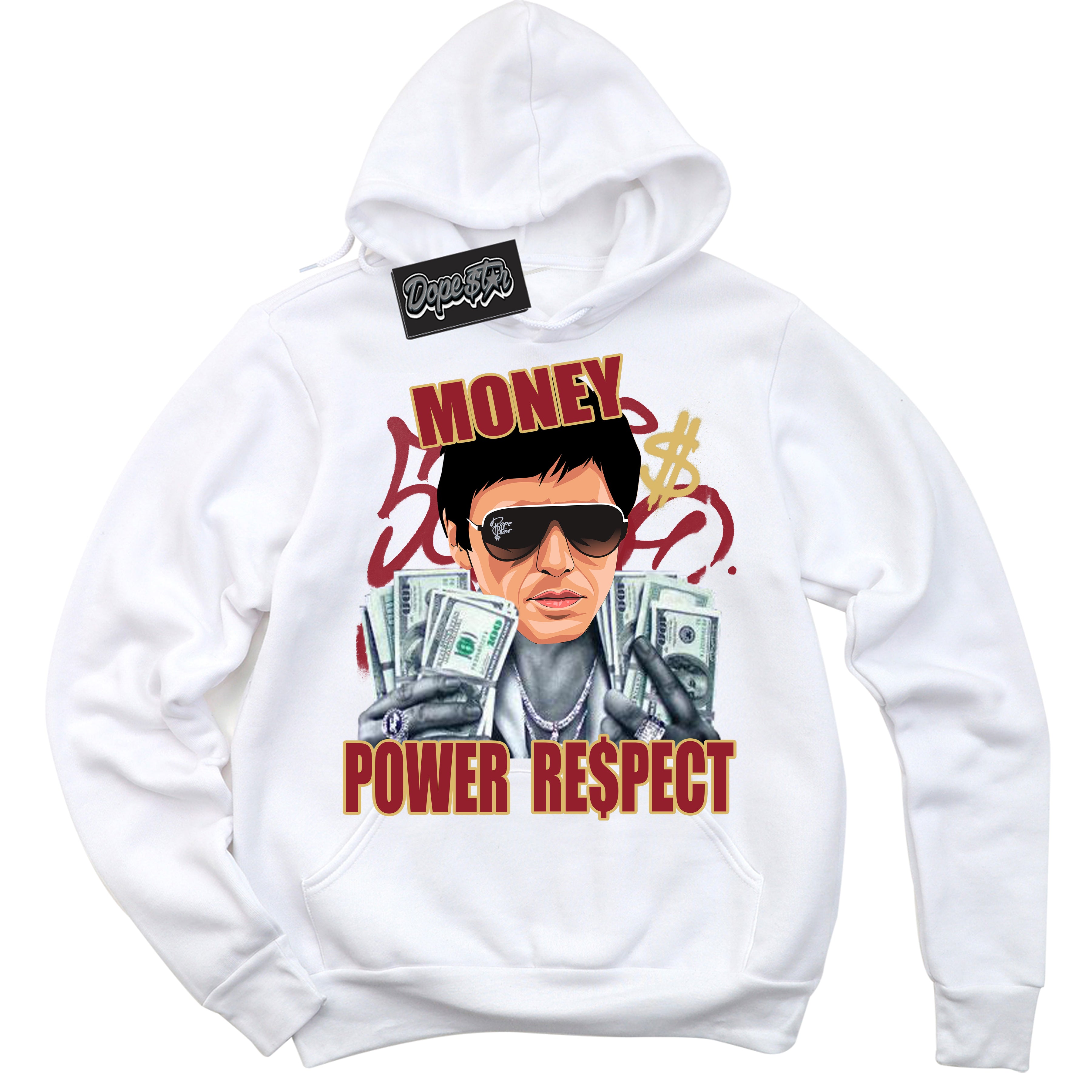 Cool White Hoodie with “ Tony Montana ”  design that Perfectly Matches Method of Make Gym Red Metallic Gold 1s Jordans.
