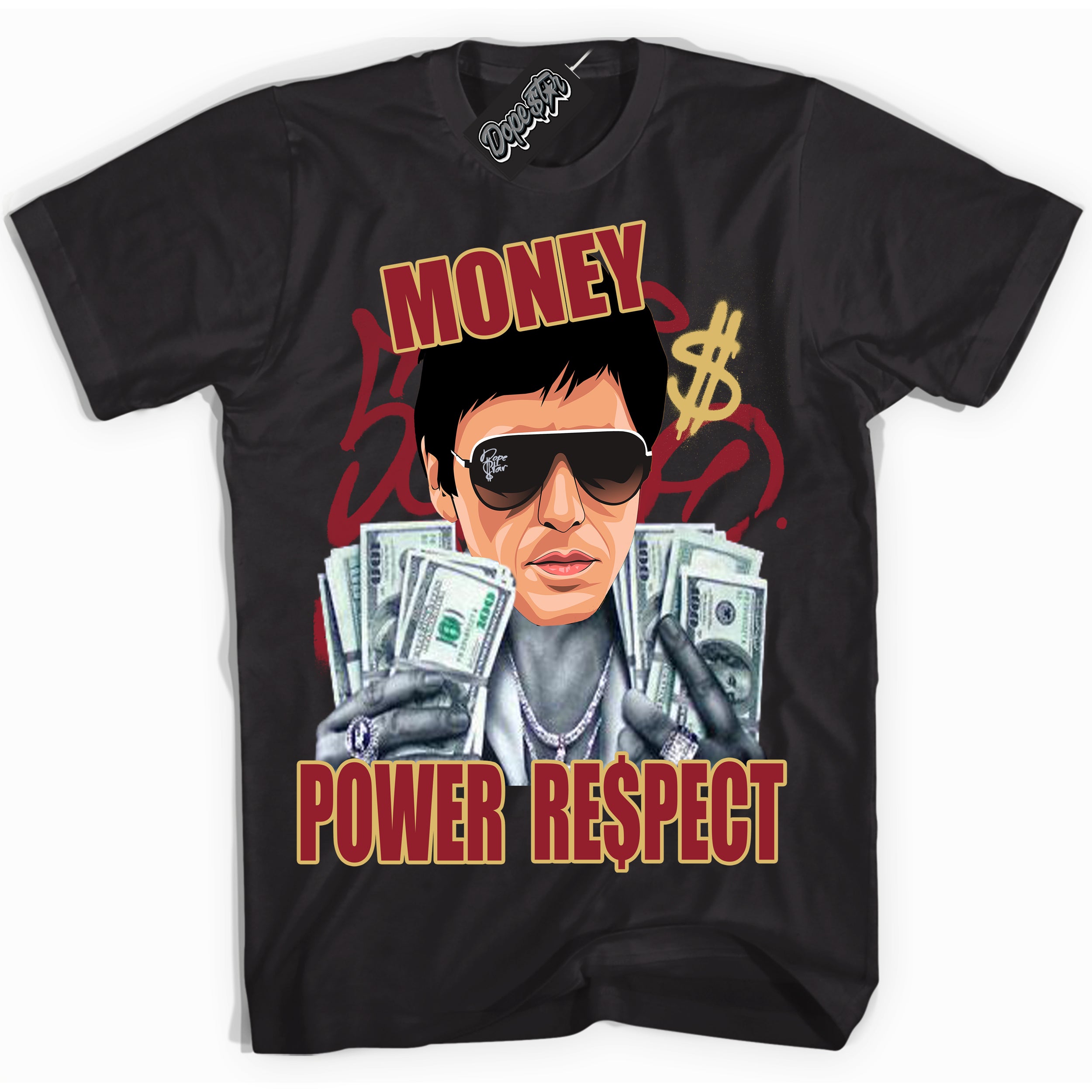 Cool Black Shirt with “ Tony Montana ” design that perfectly matches Method of Make Gym Red Metallic Gold 1s Jordans.
