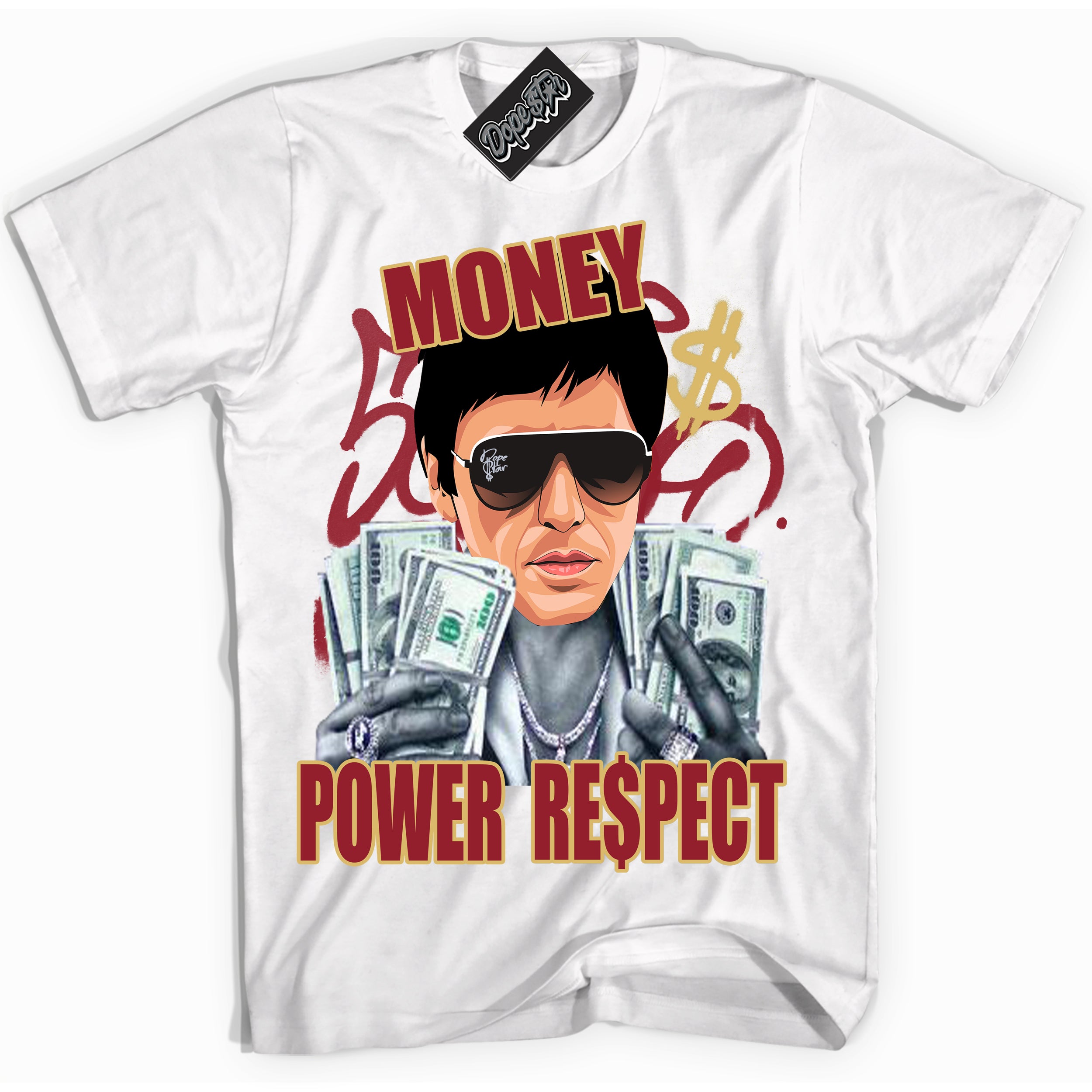 Cool White Shirt with “ Tony Montana ” design that perfectly matches Method of Make Gym Red Metallic Gold 1s Jordans.
