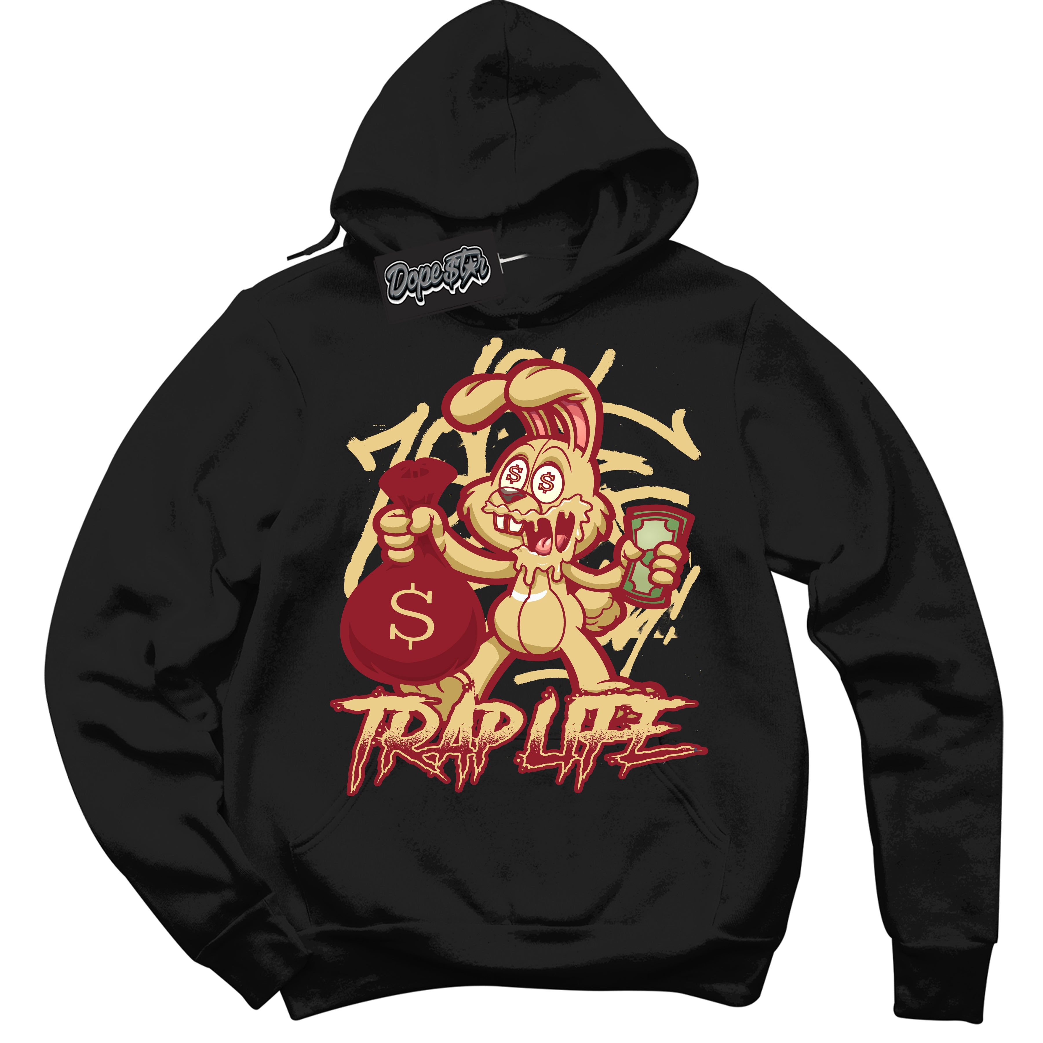 Cool Black Hoodie with “ Trap Rabbit ”  design that Perfectly Matches Method of Make Gym Red Metallic Gold 1s Jordans.
