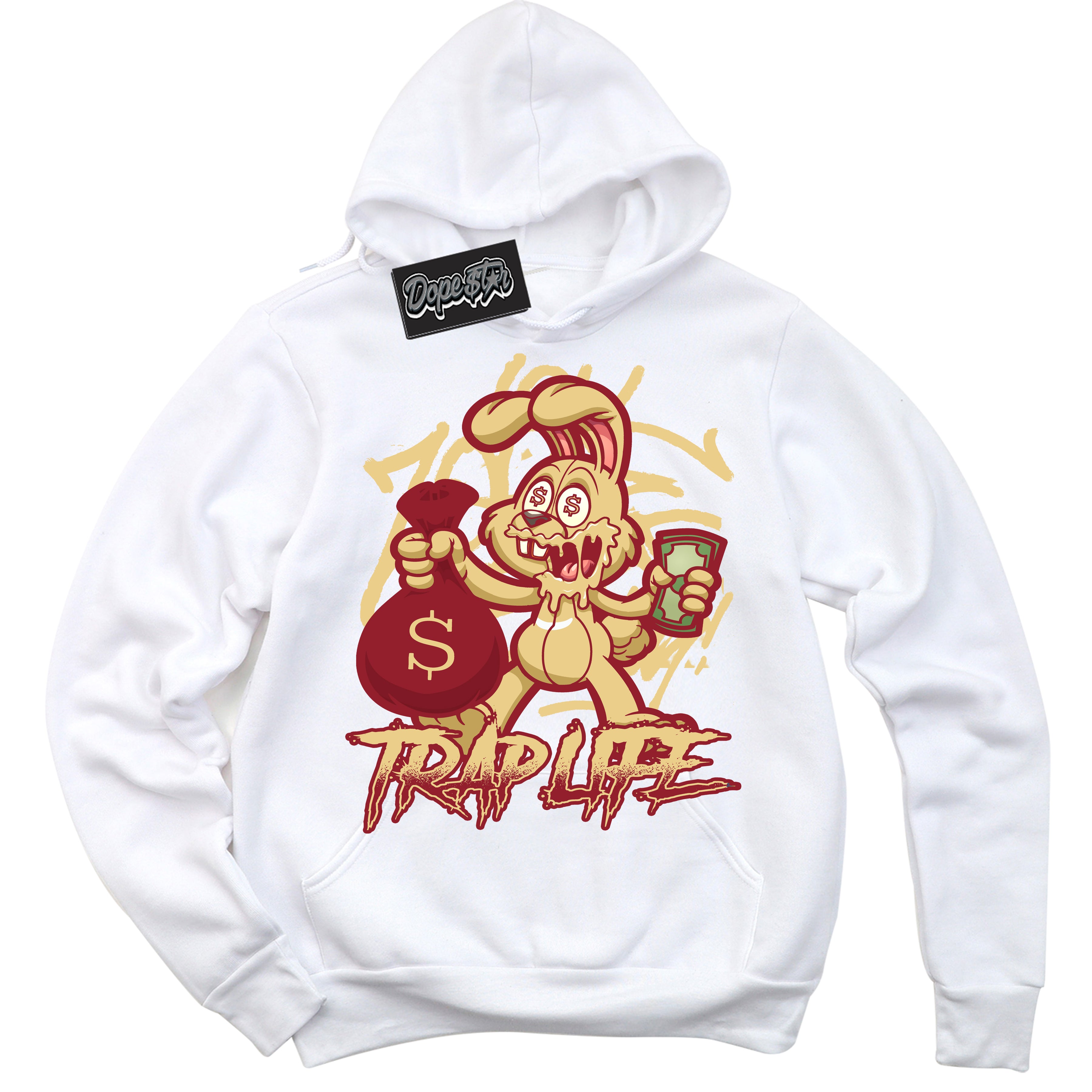 Cool White Hoodie with “ Trap Rabbit ”  design that Perfectly Matches Method of Make Gym Red Metallic Gold 1s Jordans.
