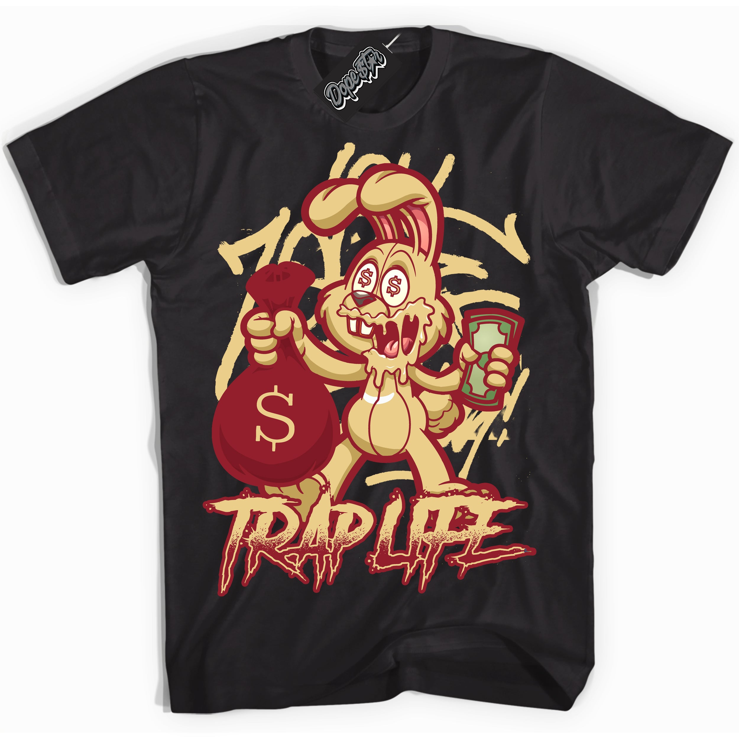 Cool Black Shirt with “ Trap Rabbit ” design that perfectly matches Method of Make Gym Red Metallic Gold 1s Jordans.
