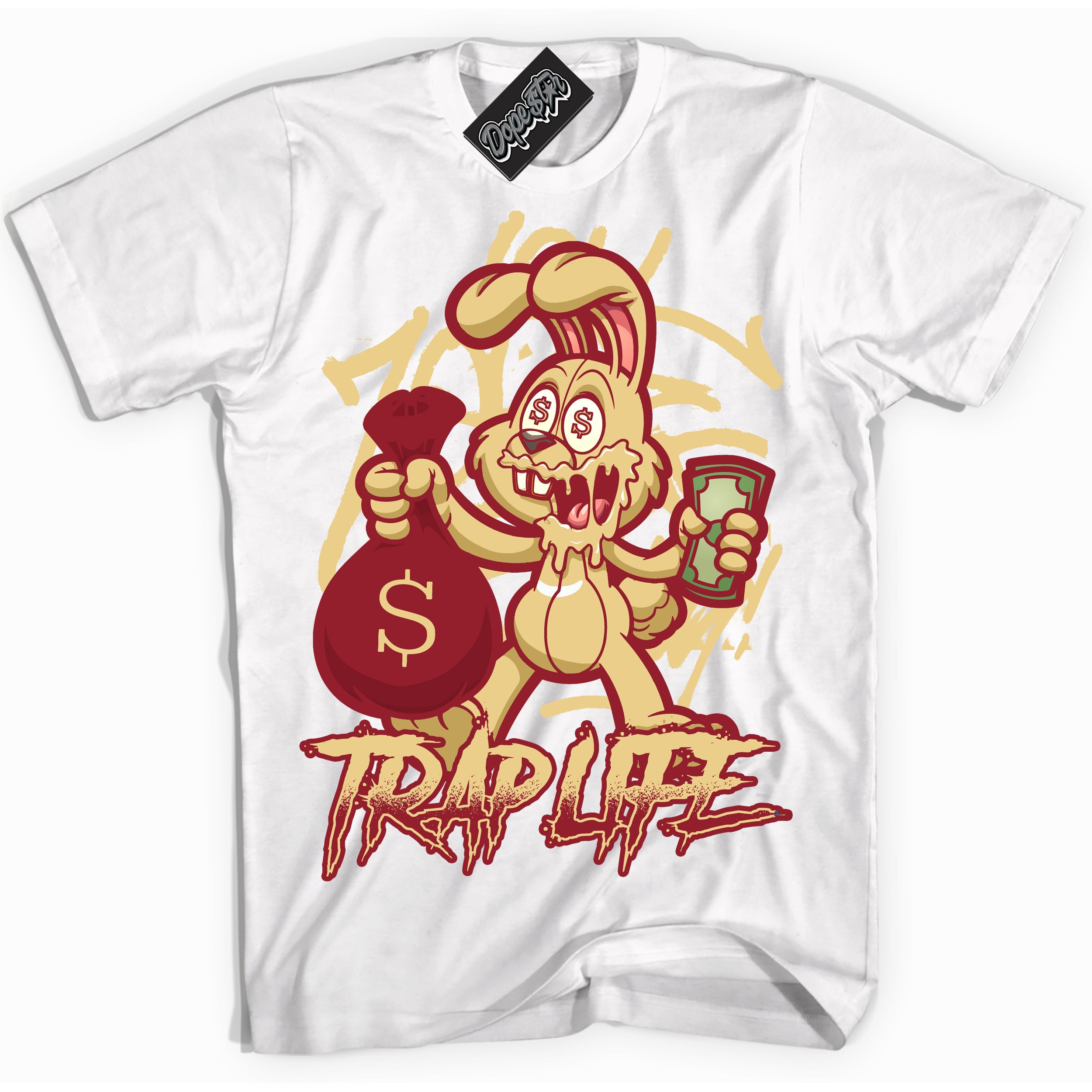 Cool White Shirt with “ Trap Rabbit ” design that perfectly matches Method of Make Gym Red Metallic Gold 1s Jordans.
