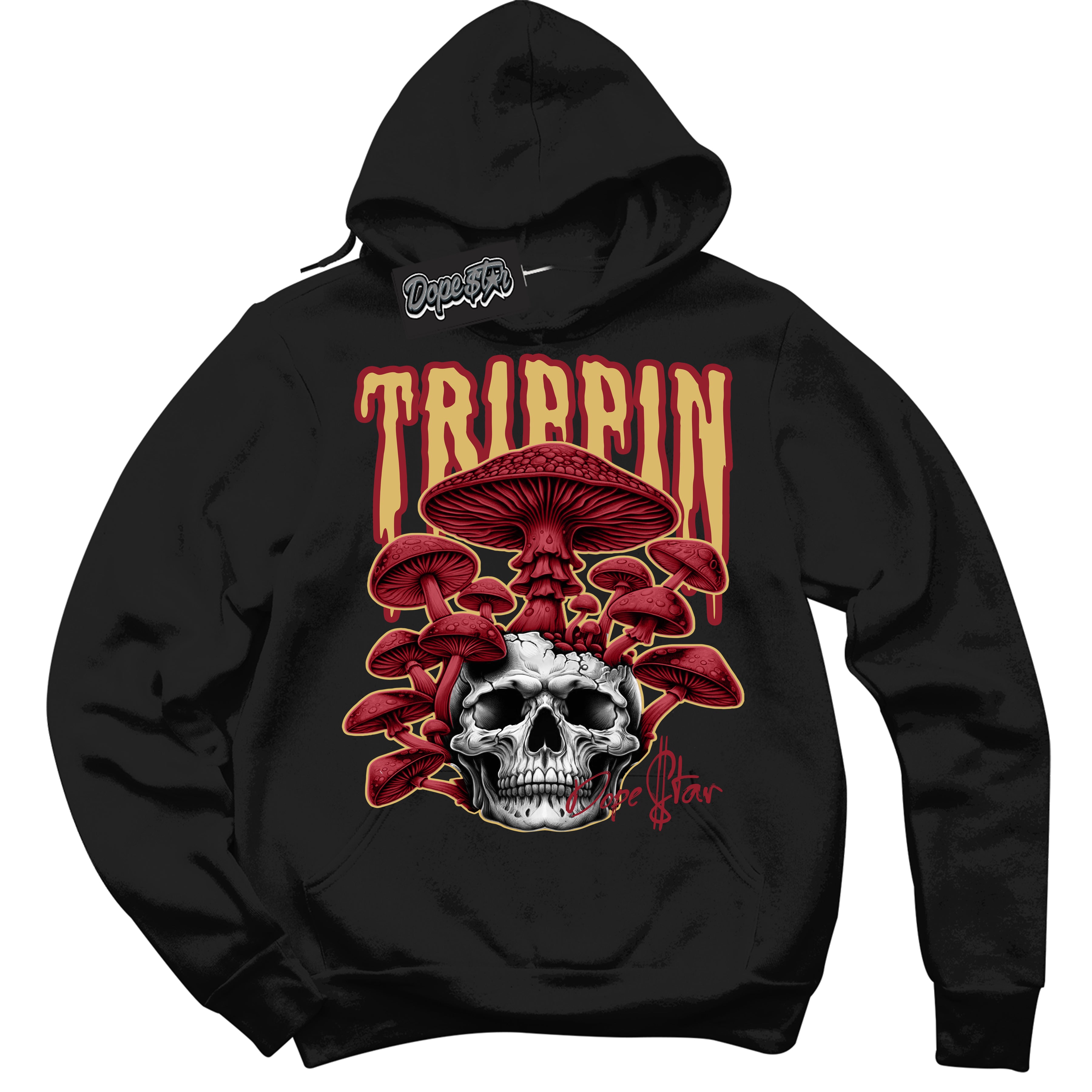 Cool Black Hoodie with “ Trippin ”  design that Perfectly Matches Method of Make Gym Red Metallic Gold 1s Jordans.
