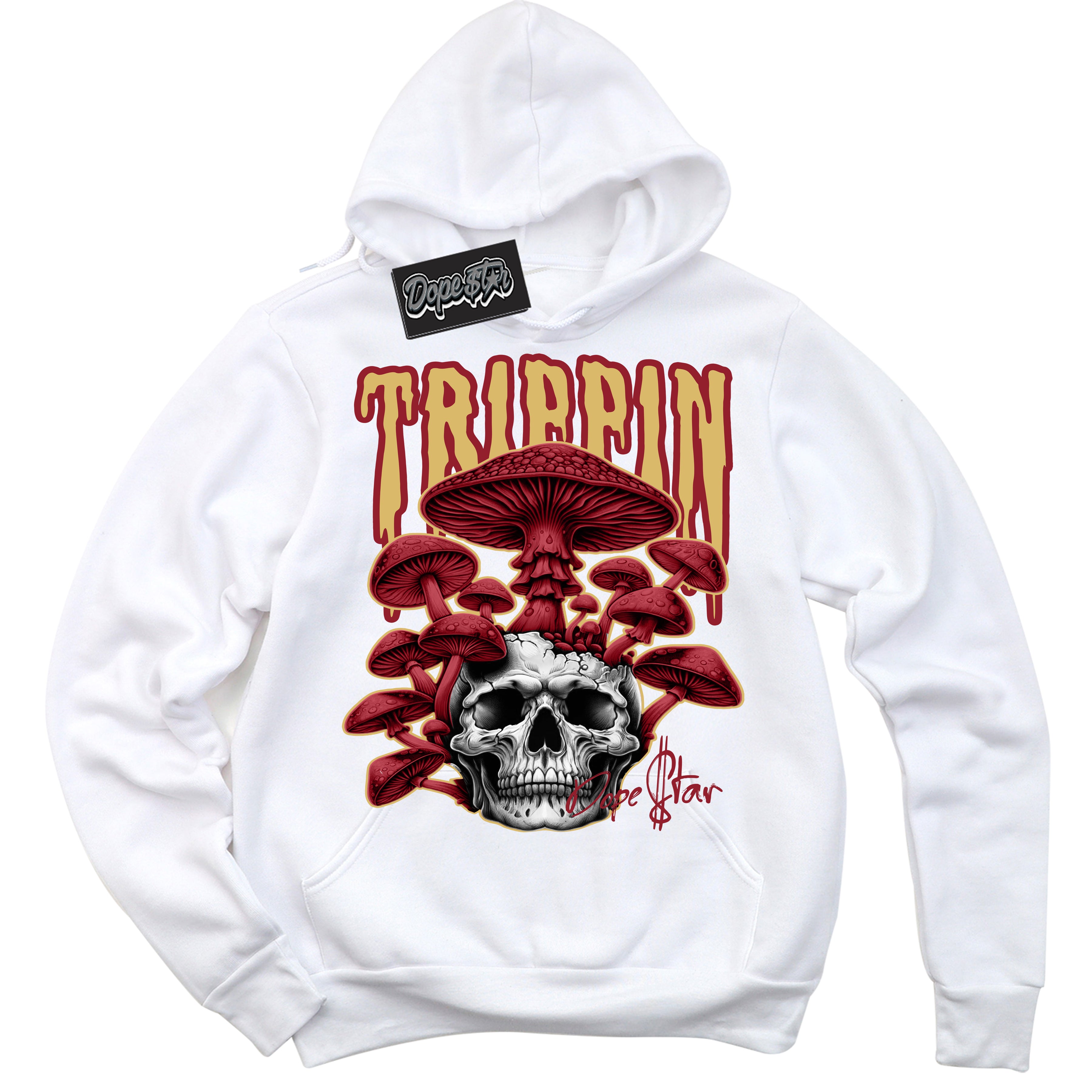 Cool White Hoodie with “ Trippin ”  design that Perfectly Matches Method of Make Gym Red Metallic Gold 1s Jordans.
