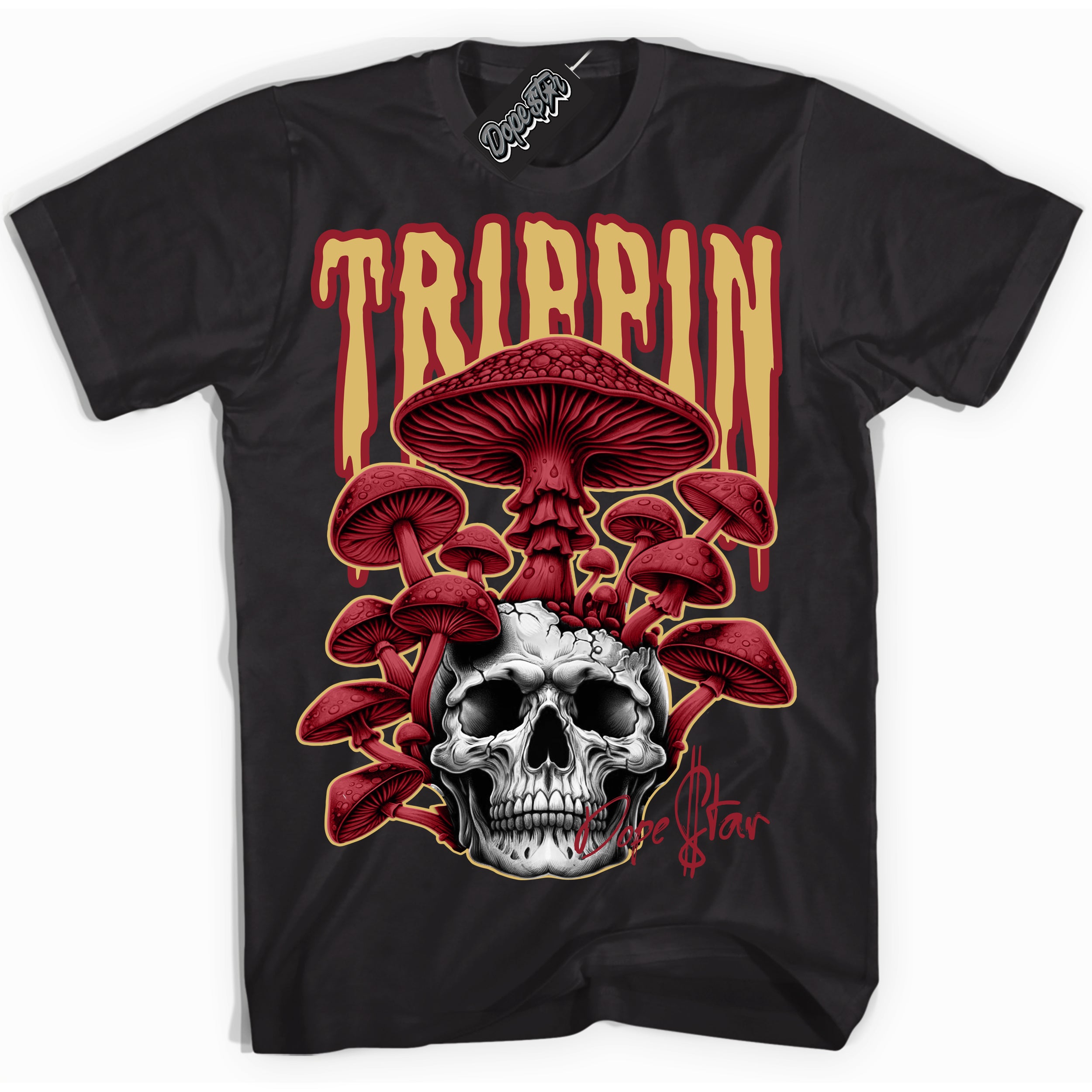 Cool Black Shirt with “ Trippin ” design that perfectly matches Method of Make Gym Red Metallic Gold 1s Jordans.
