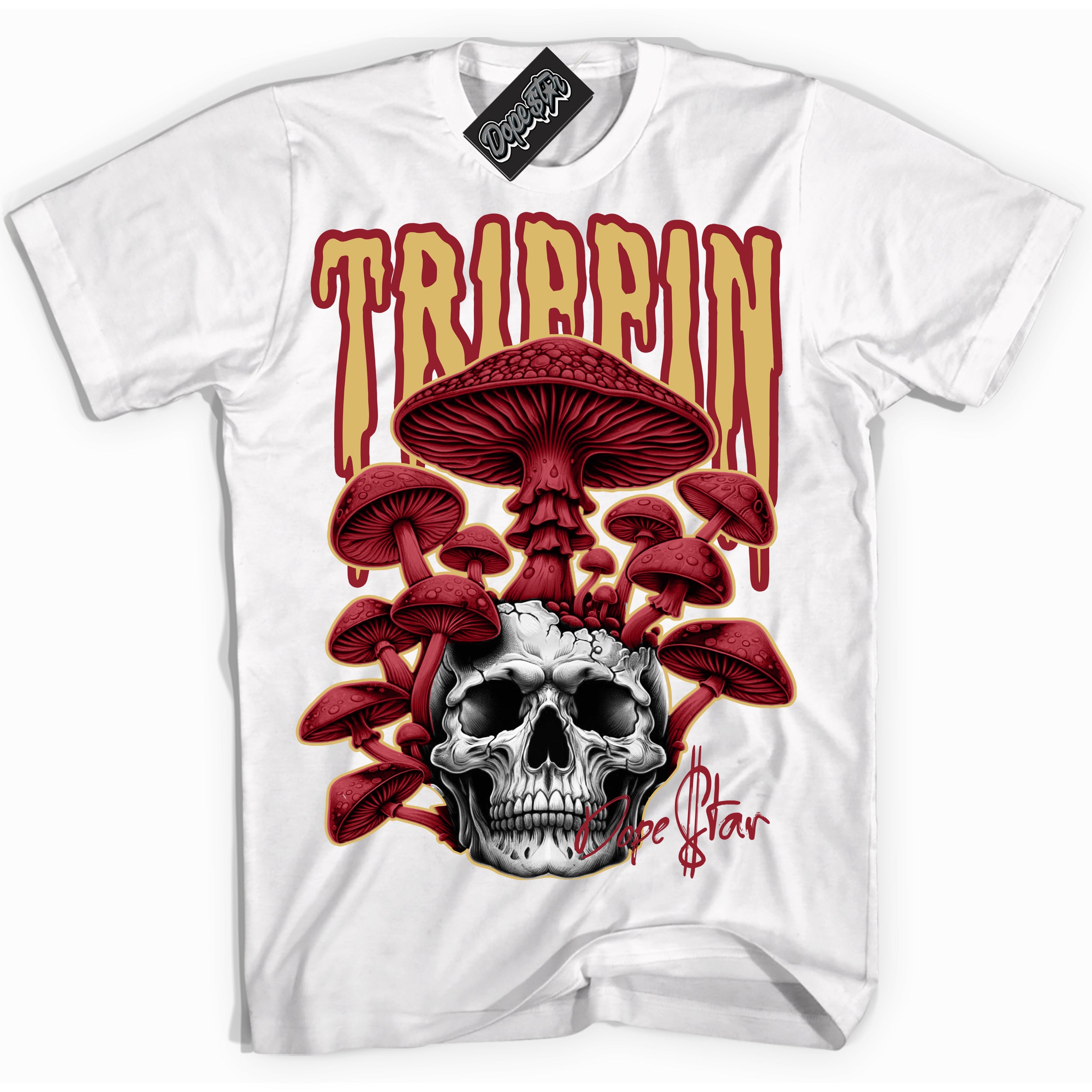 Cool White Shirt with “ Trippin ” design that perfectly matches Method of Make Gym Red Metallic Gold 1s Jordans.
