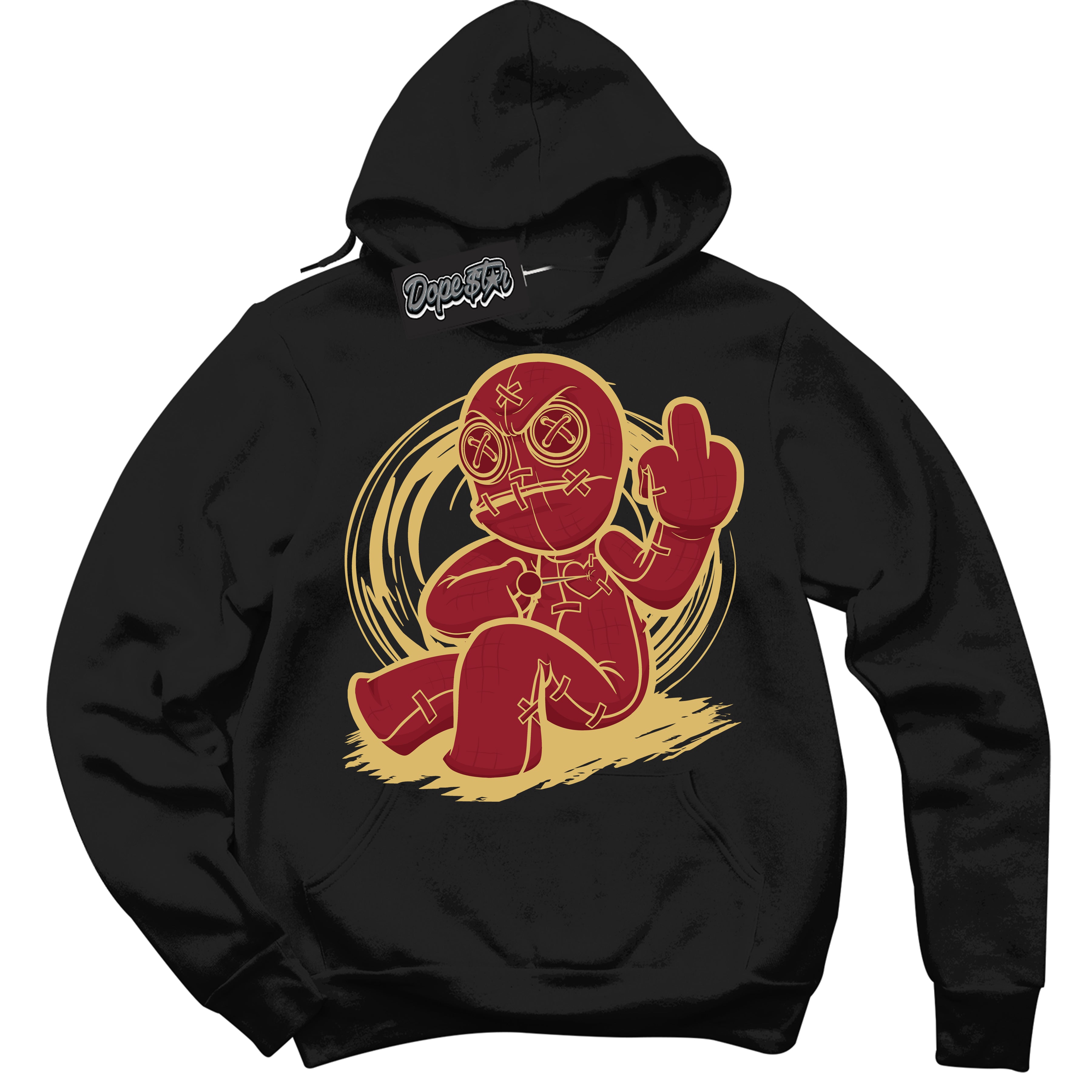 Cool Black Hoodie with “ Voodoo Doll ”  design that Perfectly Matches Method of Make Gym Red Metallic Gold 1s Jordans.
