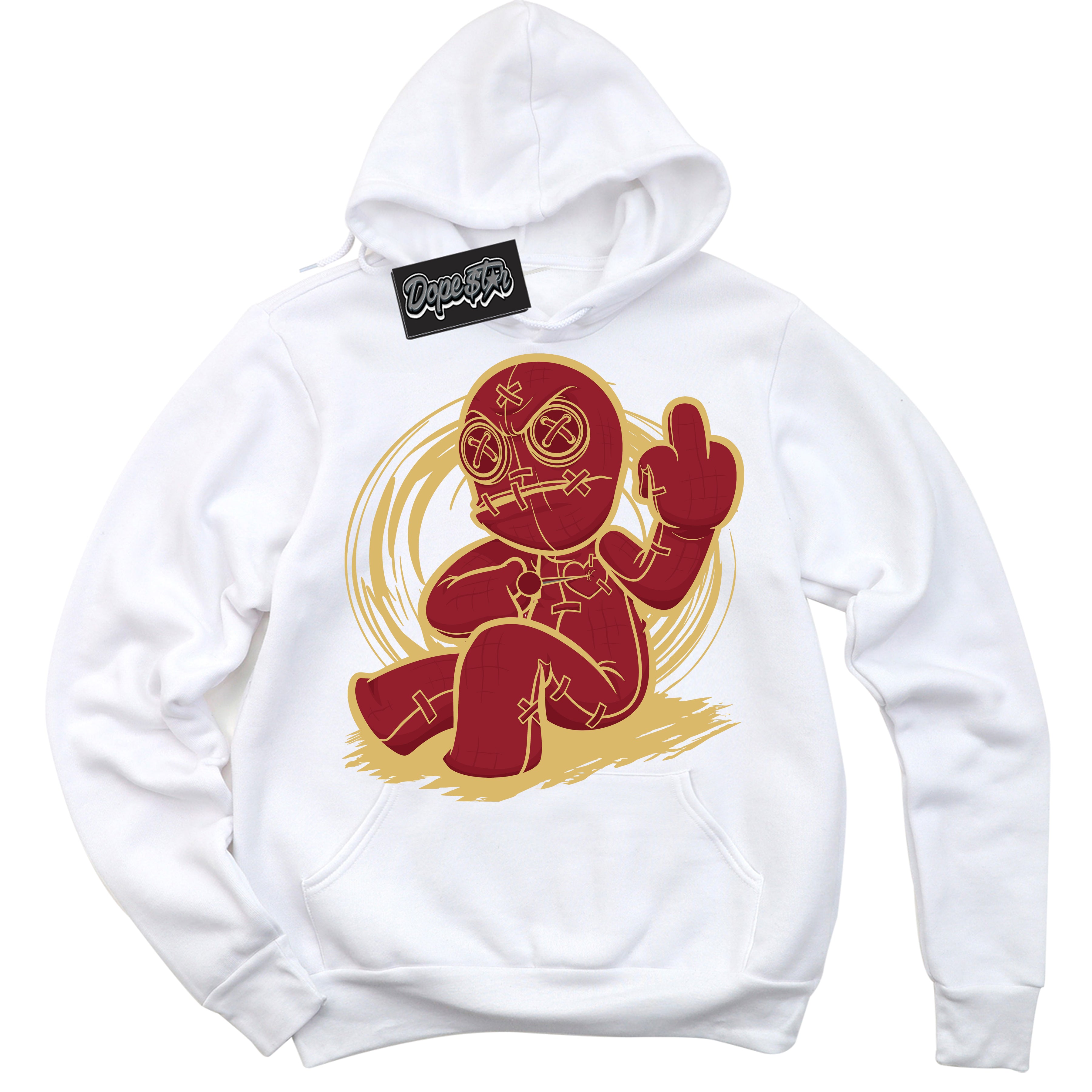 Cool White Hoodie with “ Voodoo Doll ”  design that Perfectly Matches Method of Make Gym Red Metallic Gold 1s Jordans.
