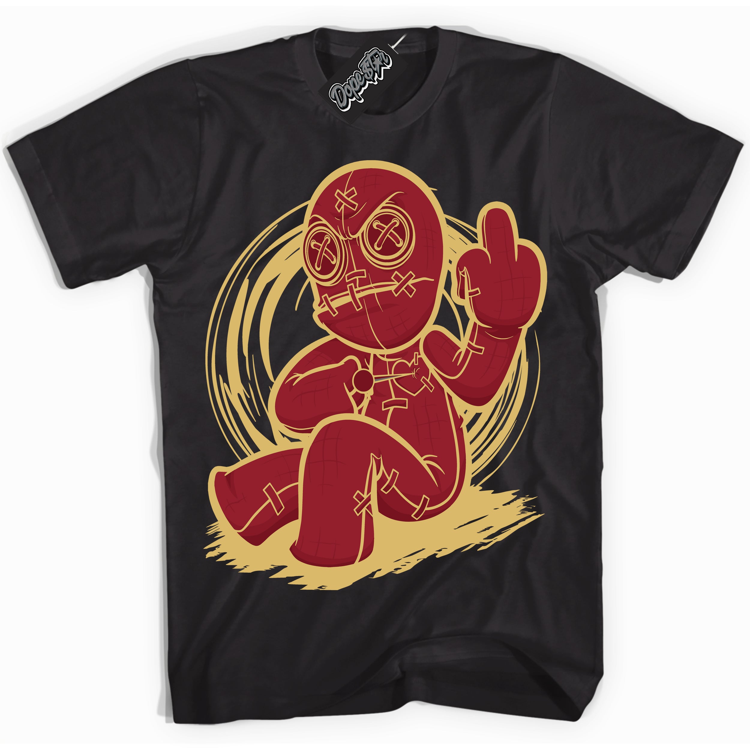 Cool Black Shirt with “ Voodoo Doll ” design that perfectly matches Method of Make Gym Red Metallic Gold 1s Jordans.
