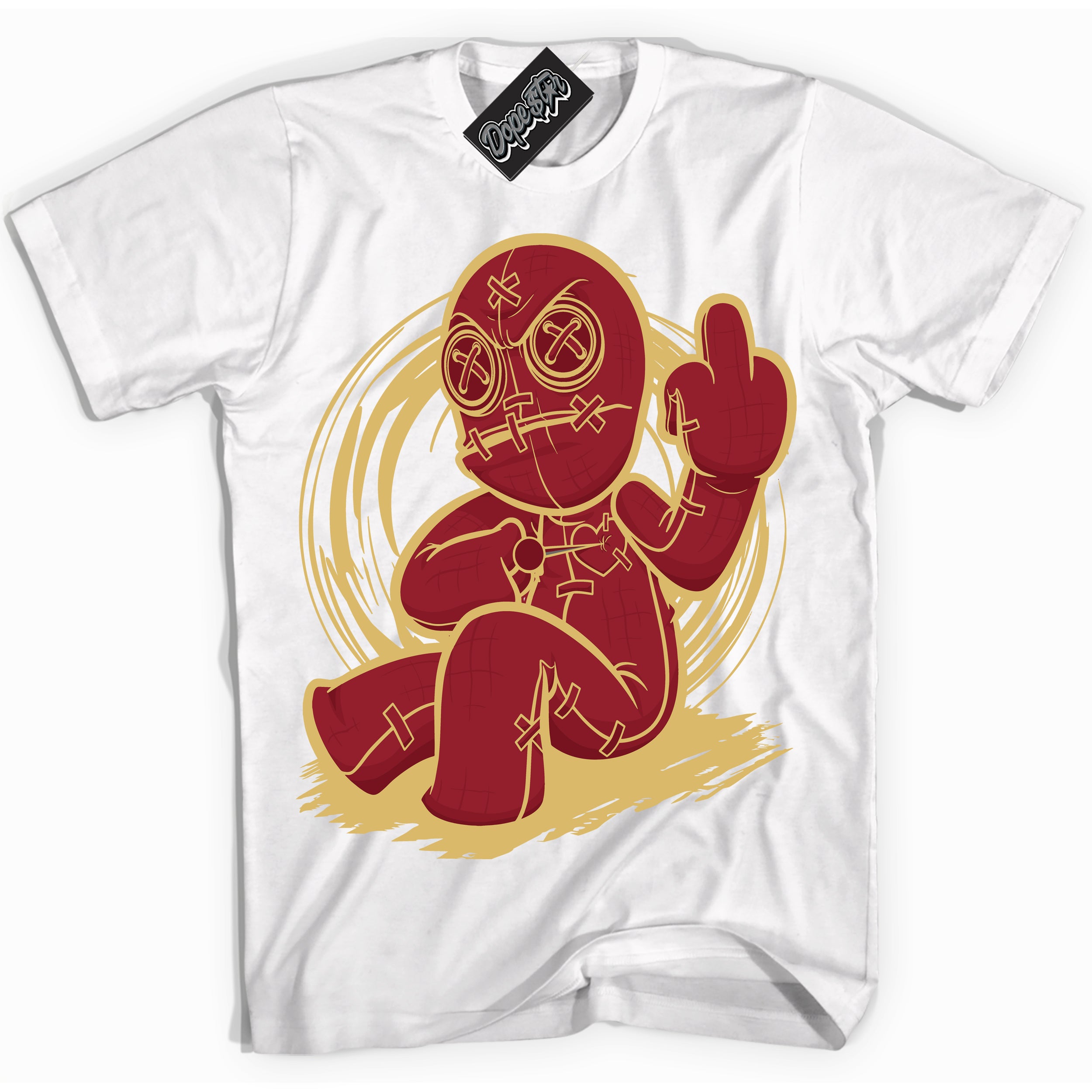 Cool White Shirt with “ Voodoo Doll ” design that perfectly matches Method of Make Gym Red Metallic Gold 1s Jordans.
