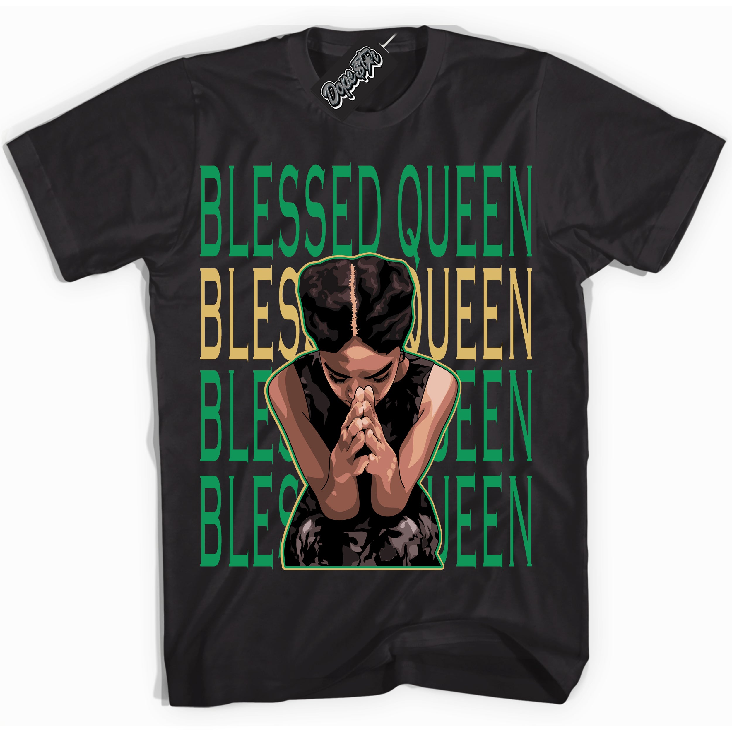 Cool Black Shirt with “Blessed Queen” design that perfectly matches the Method of Make Lucky Green 1s Jordans.