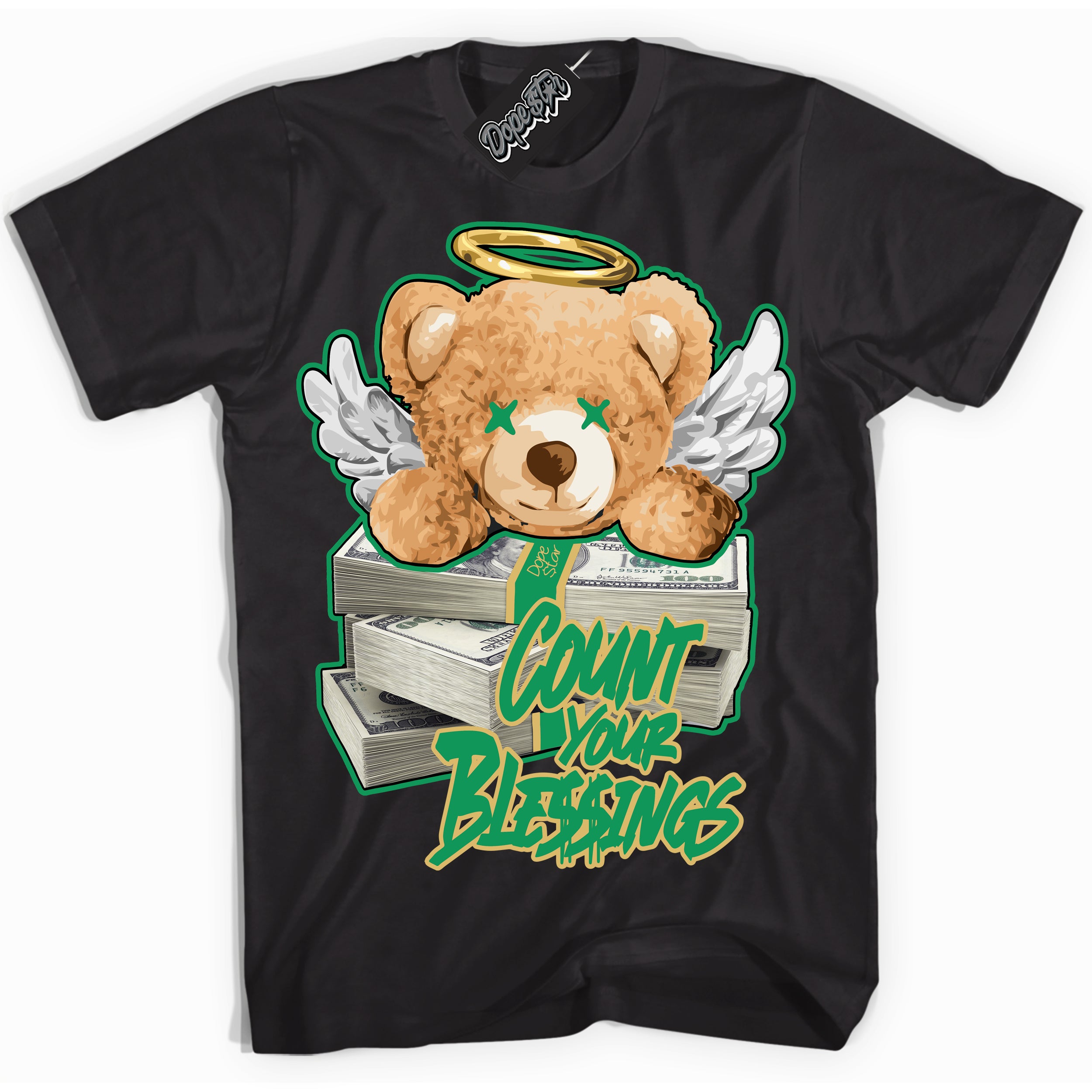 Cool Black Shirt with “Count Your Blessings” design that perfectly matches the Method of Make Lucky Green 1s Jordans.