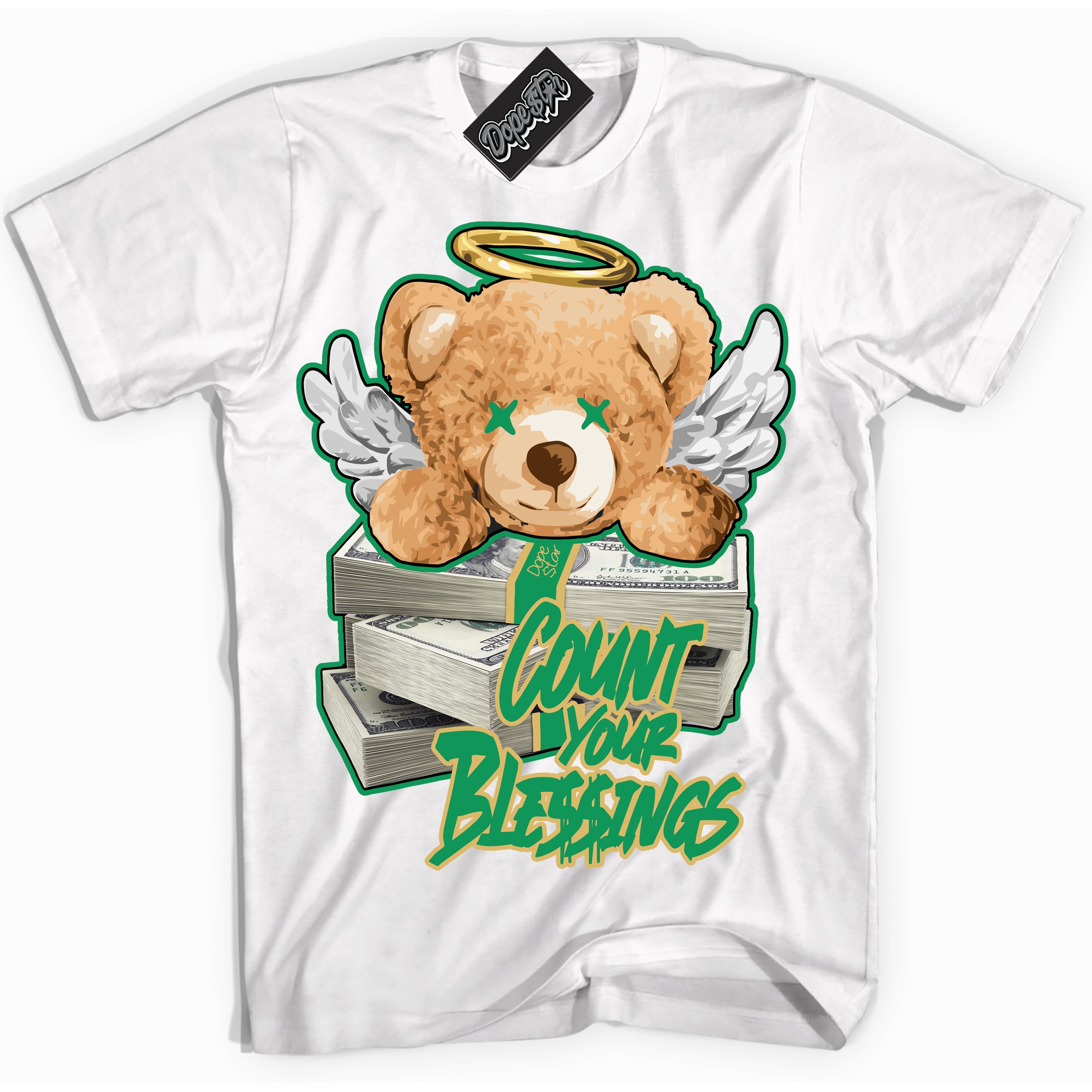 Cool White Shirt with “Count Your Blessings” design that perfectly matches the Method of Make Lucky Green 1s Jordans.