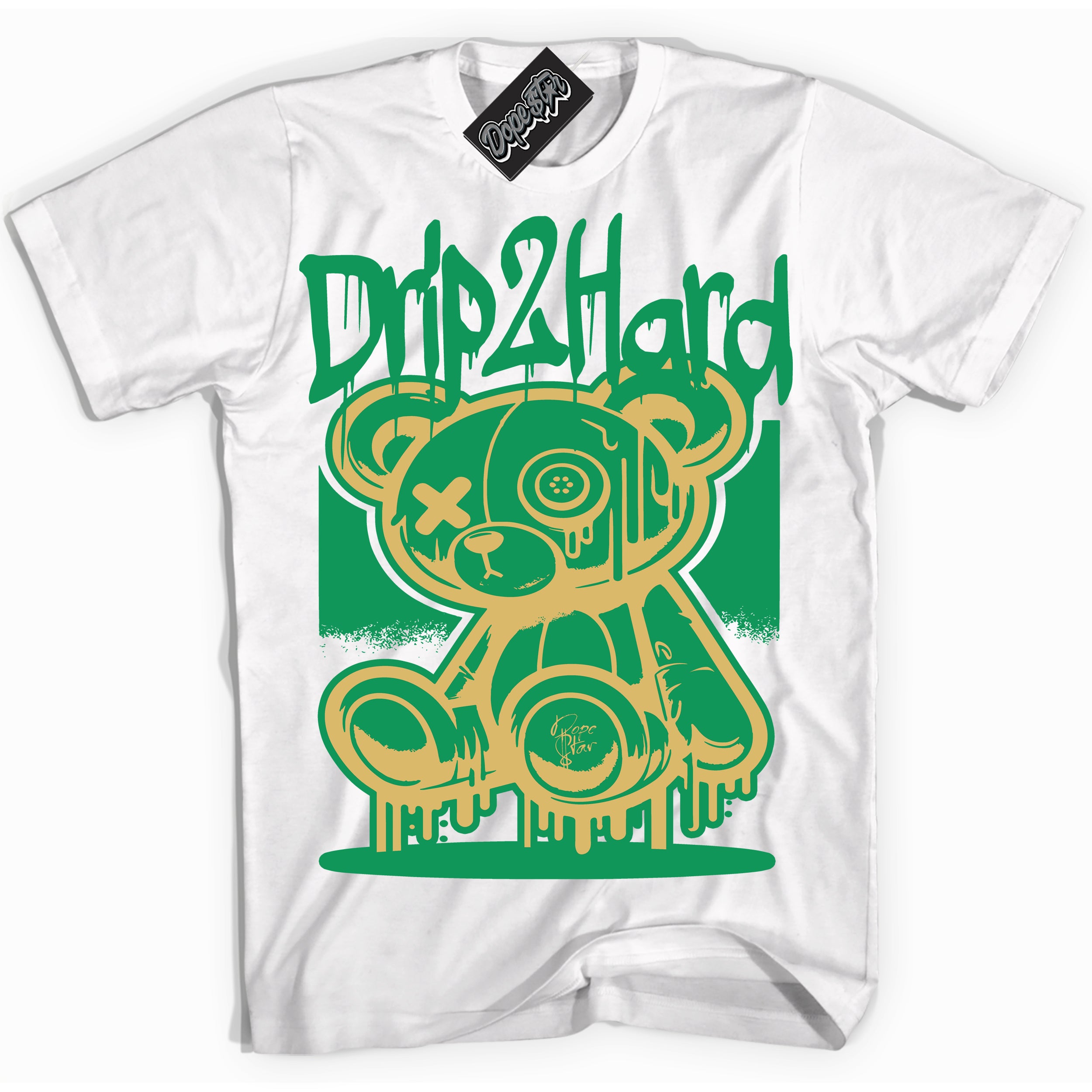 Cool White Shirt with “Drip 2 Hard” design that perfectly matches the Method of Make Lucky Green 1s Jordans.