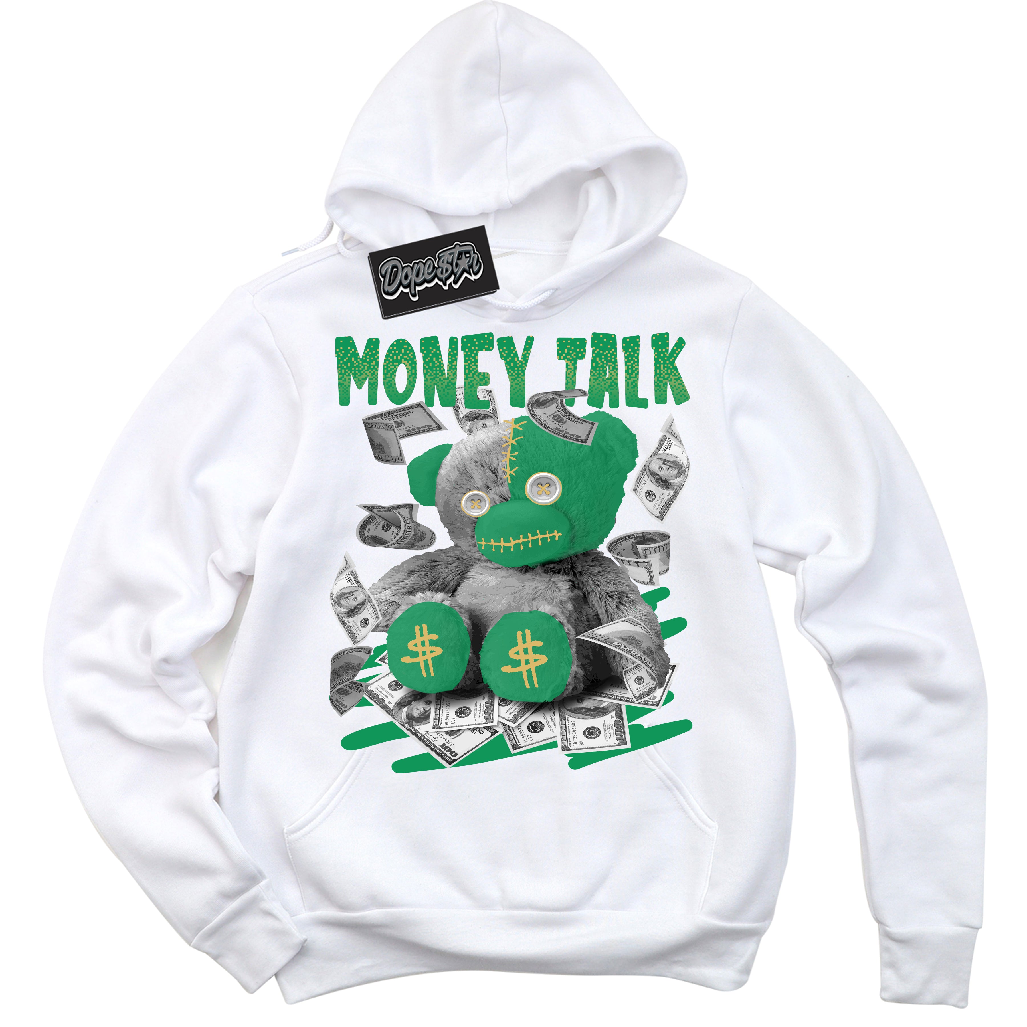 Cool White Hoodie with “Money Talk Bear” design that Perfectly Matches Method of Make Lucky Green 1s Jordans.