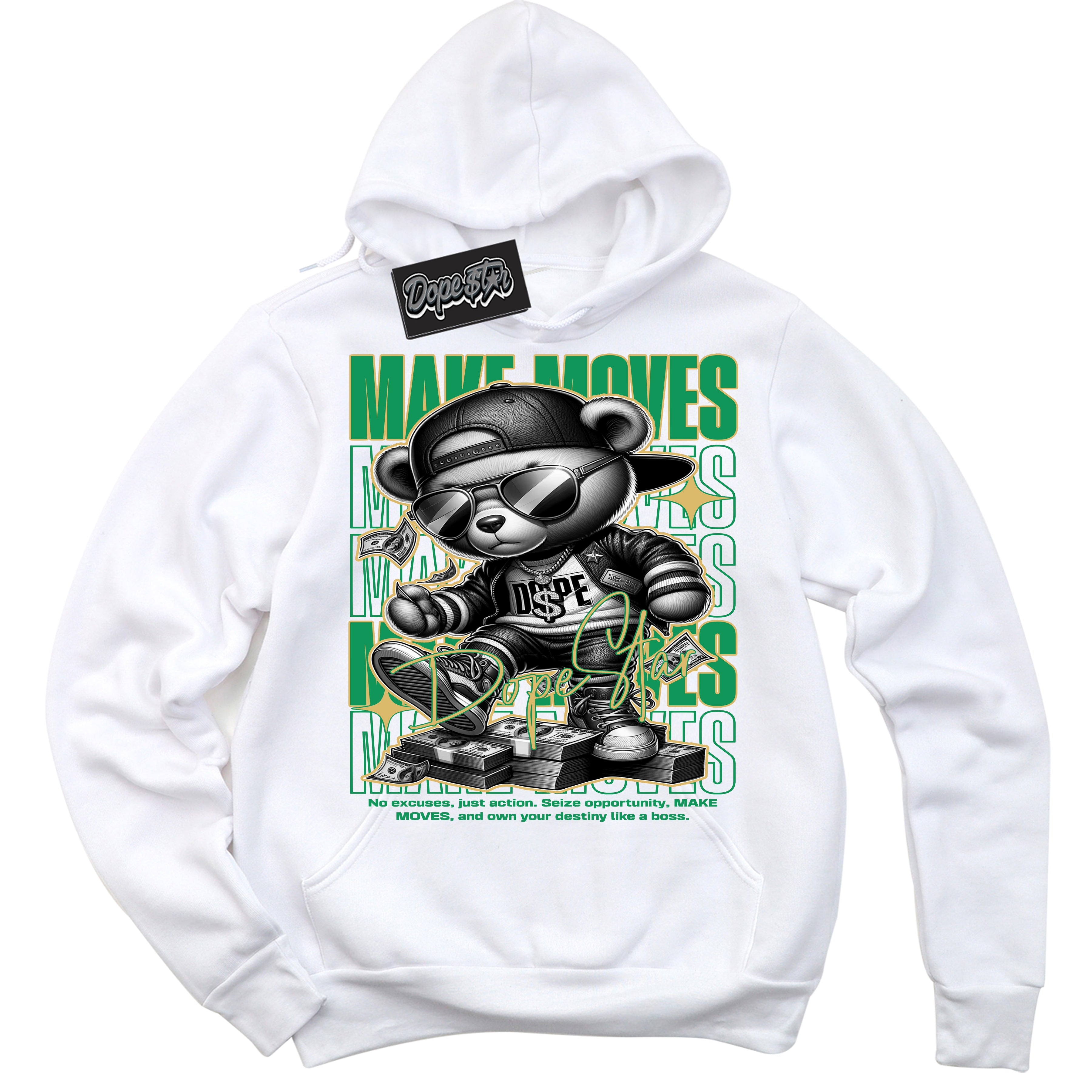 Cool White Hoodie with “Make Moves” design that Perfectly Matches Method of Make Lucky Green 1s Jordans.