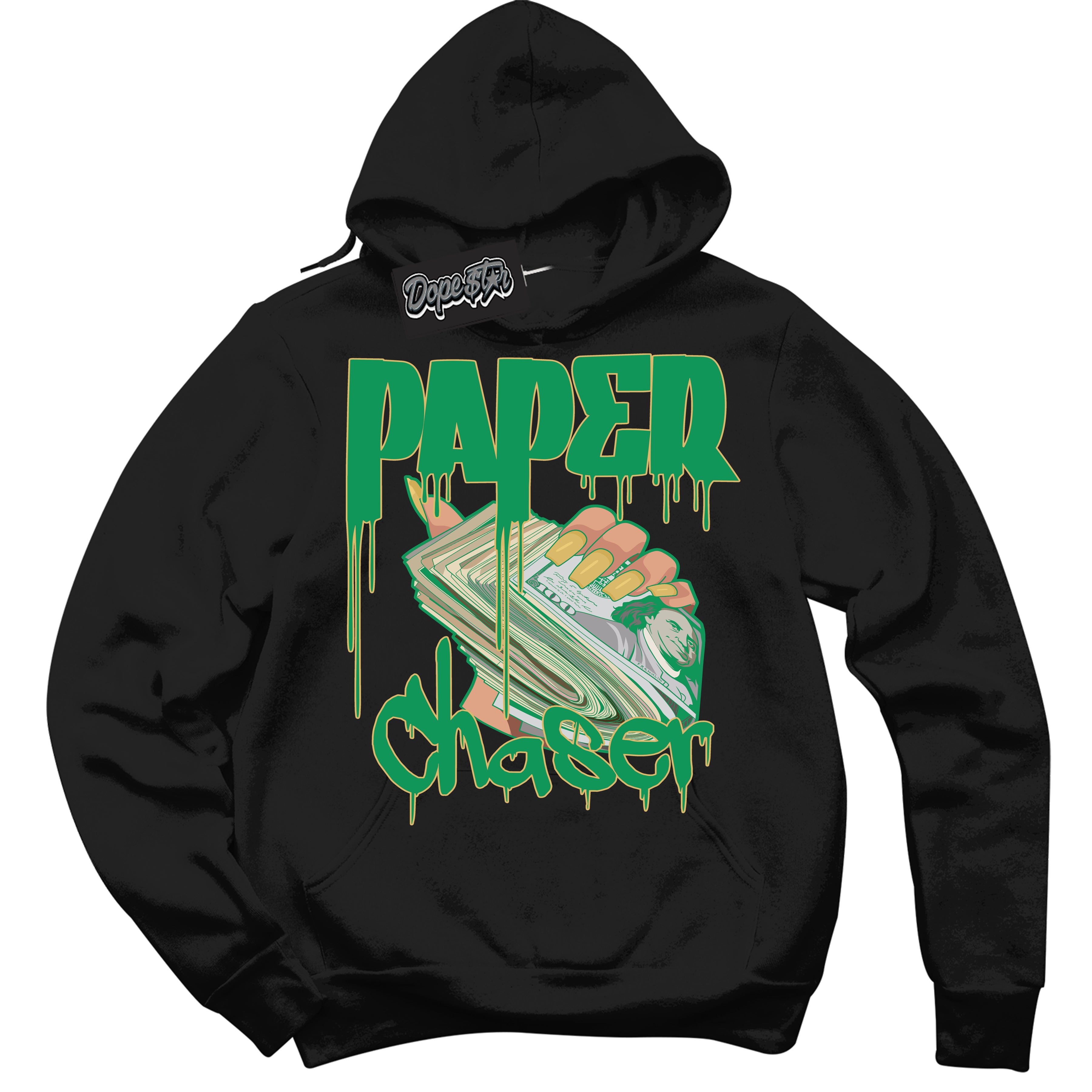 Cool Black Hoodie with “Paper Chaser” design that Perfectly Matches Method of Make Lucky Green 1s Jordans.