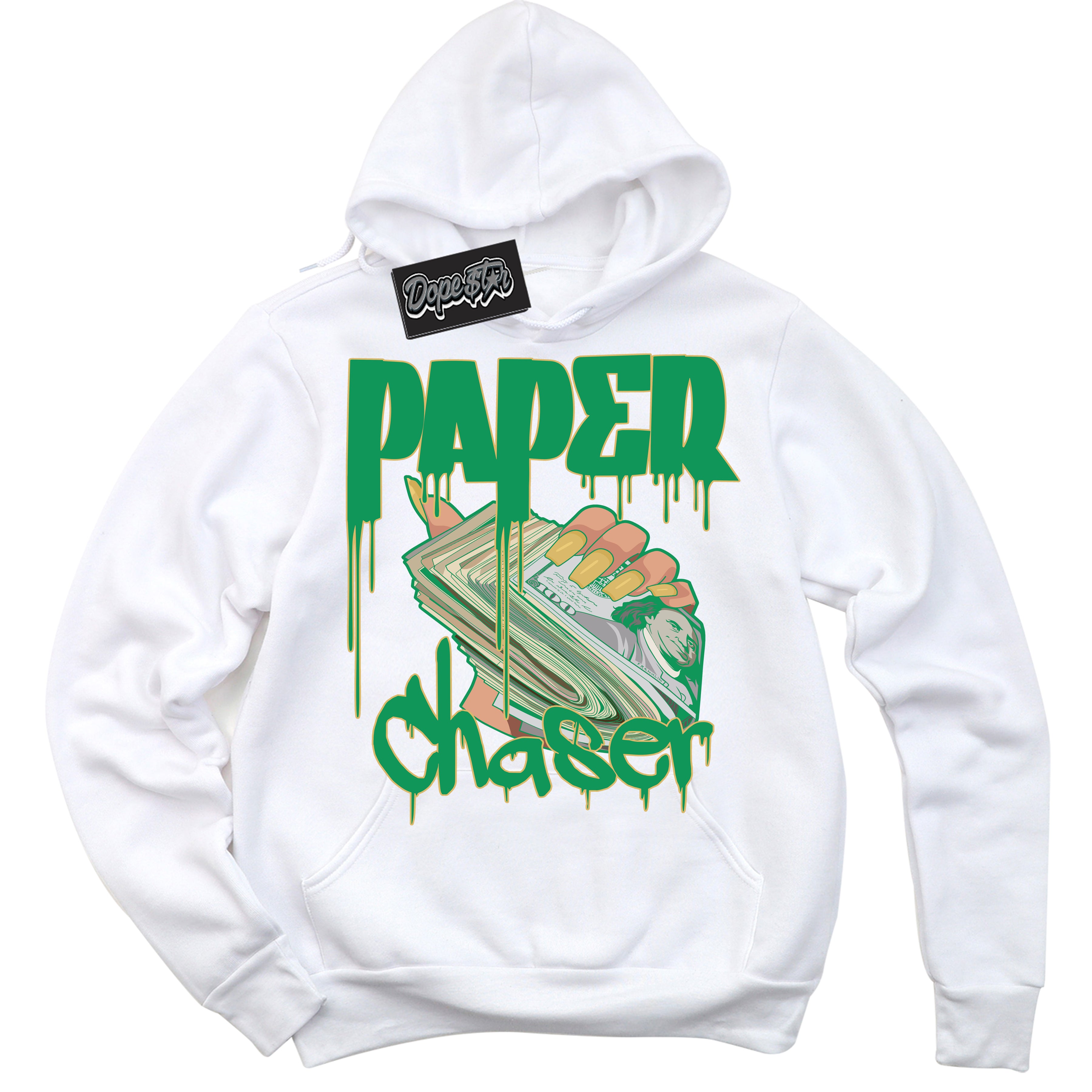 Cool White Hoodie with “Paper Chaser” design that Perfectly Matches Method of Make Lucky Green 1s Jordans.