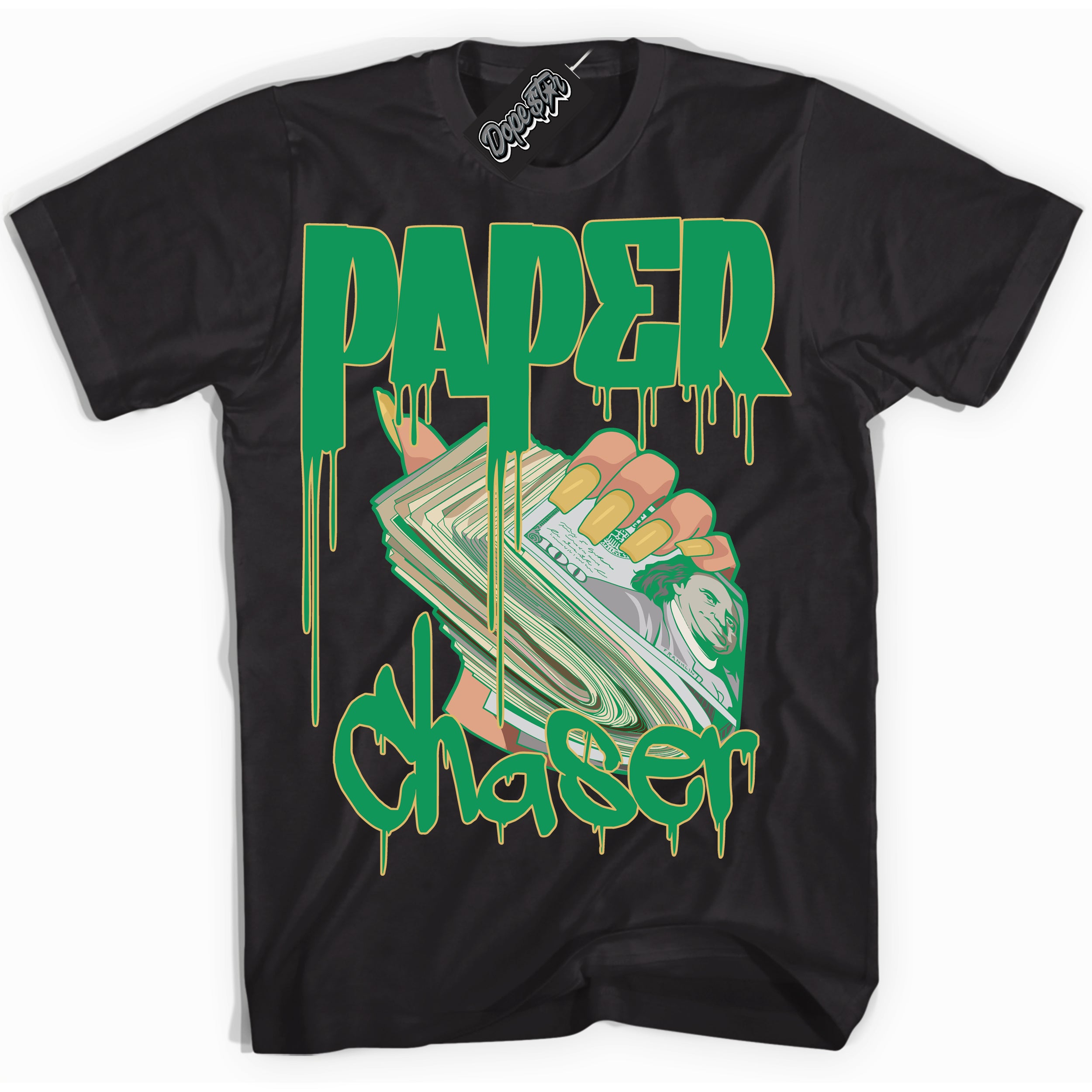 Cool Black Shirt with “Paper Chaser” design that perfectly matches the Method of Make Lucky Green 1s Jordans.