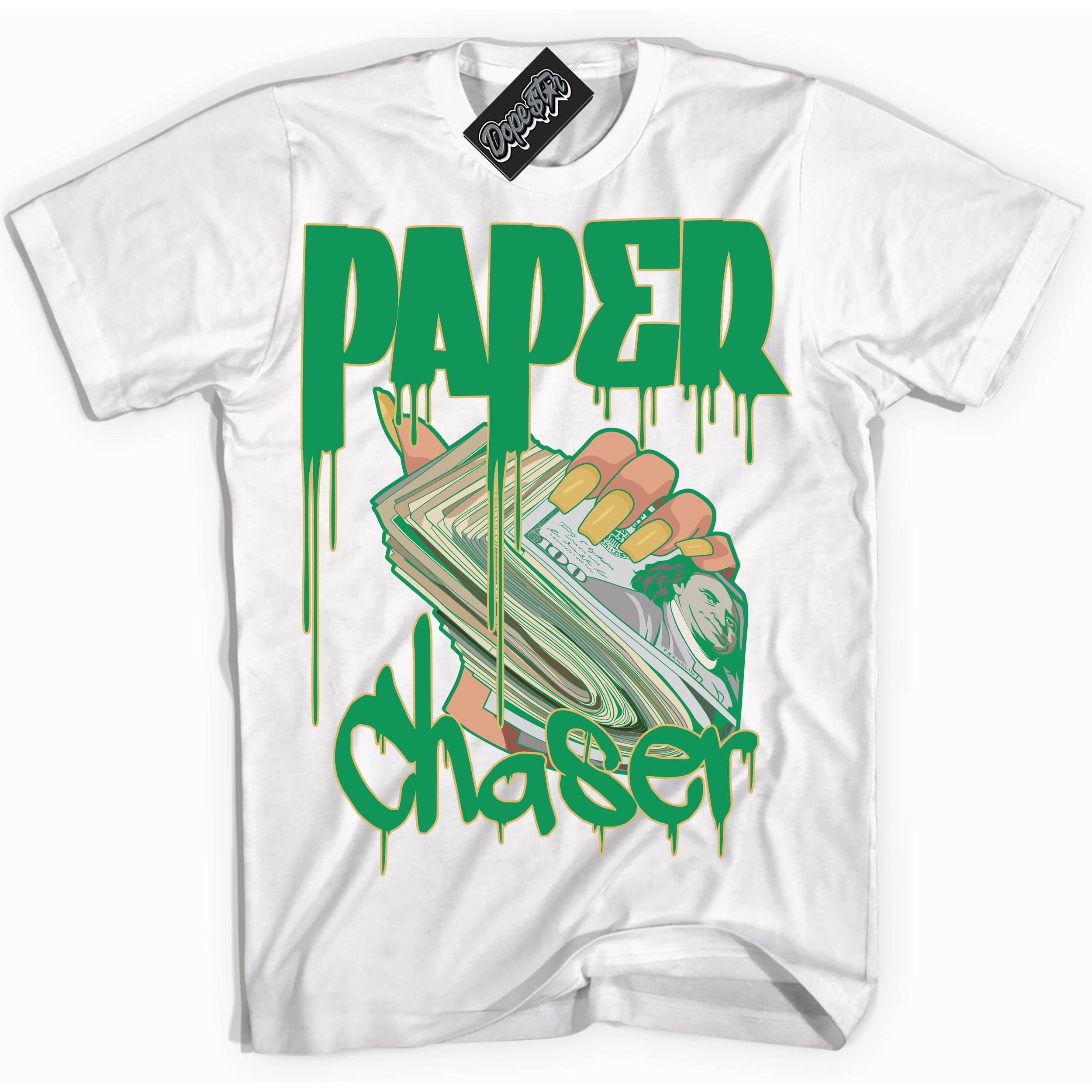 Cool White Shirt with “Paper Chaser” design that perfectly matches the Method of Make Lucky Green 1s Jordans.