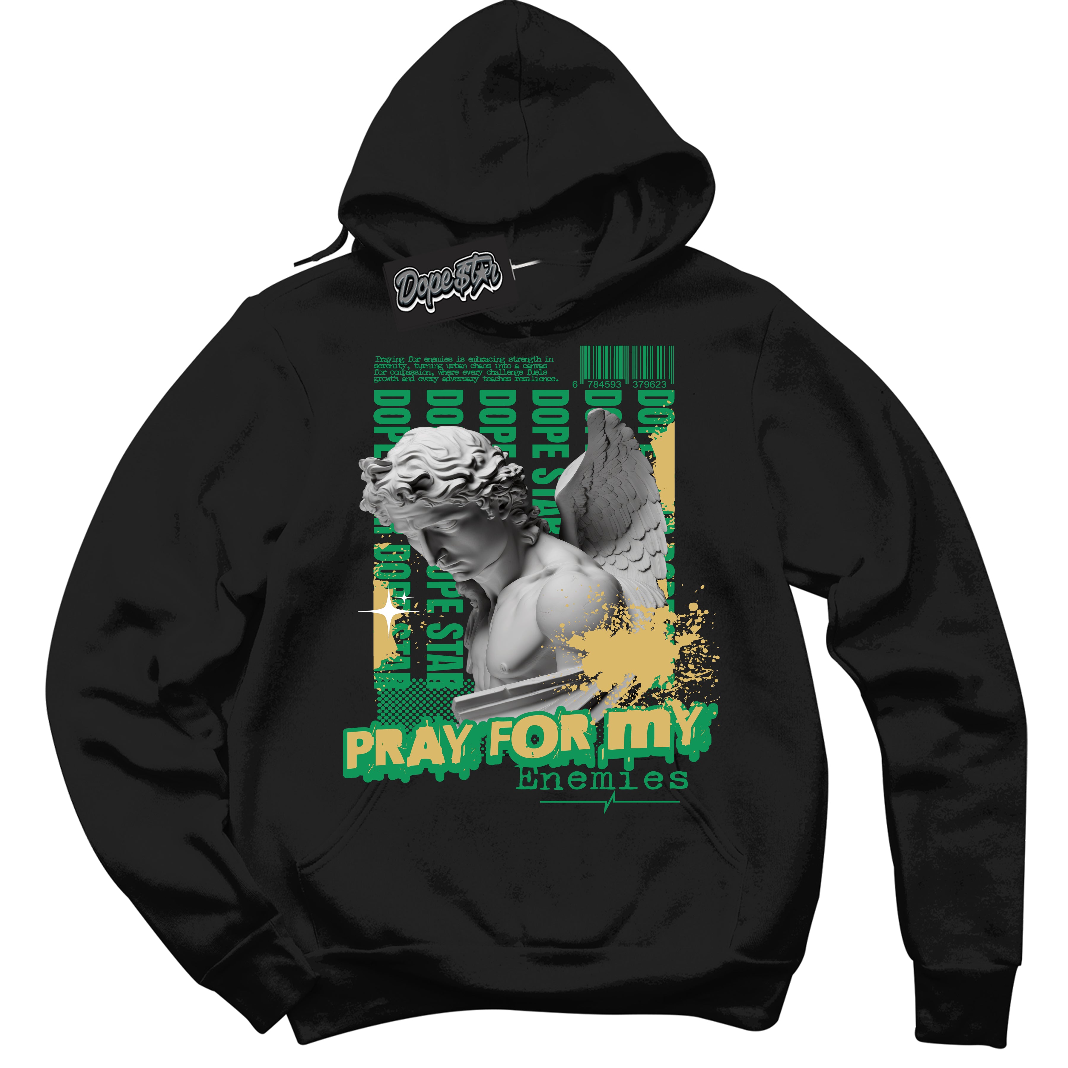 Cool Black Hoodie with “Pray Enemies” design that Perfectly Matches Method of Make Lucky Green 1s Jordans.